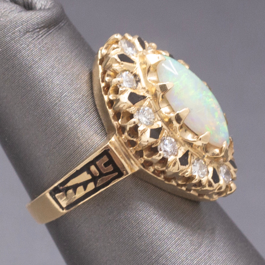 Vintage Australian Opal and Diamond Navette Cocktail Ring in 14k Yellow Gold
