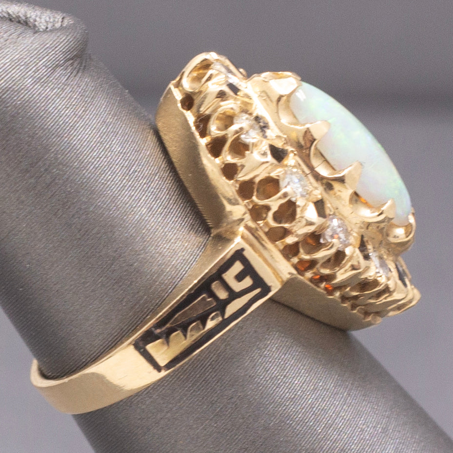 Vintage Australian Opal and Diamond Navette Cocktail Ring in 14k Yellow Gold