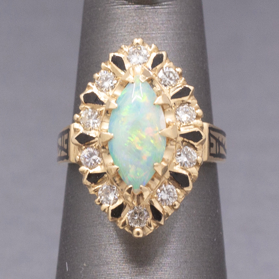 Vintage Australian Opal and Diamond Navette Cocktail Ring in 14k Yellow Gold