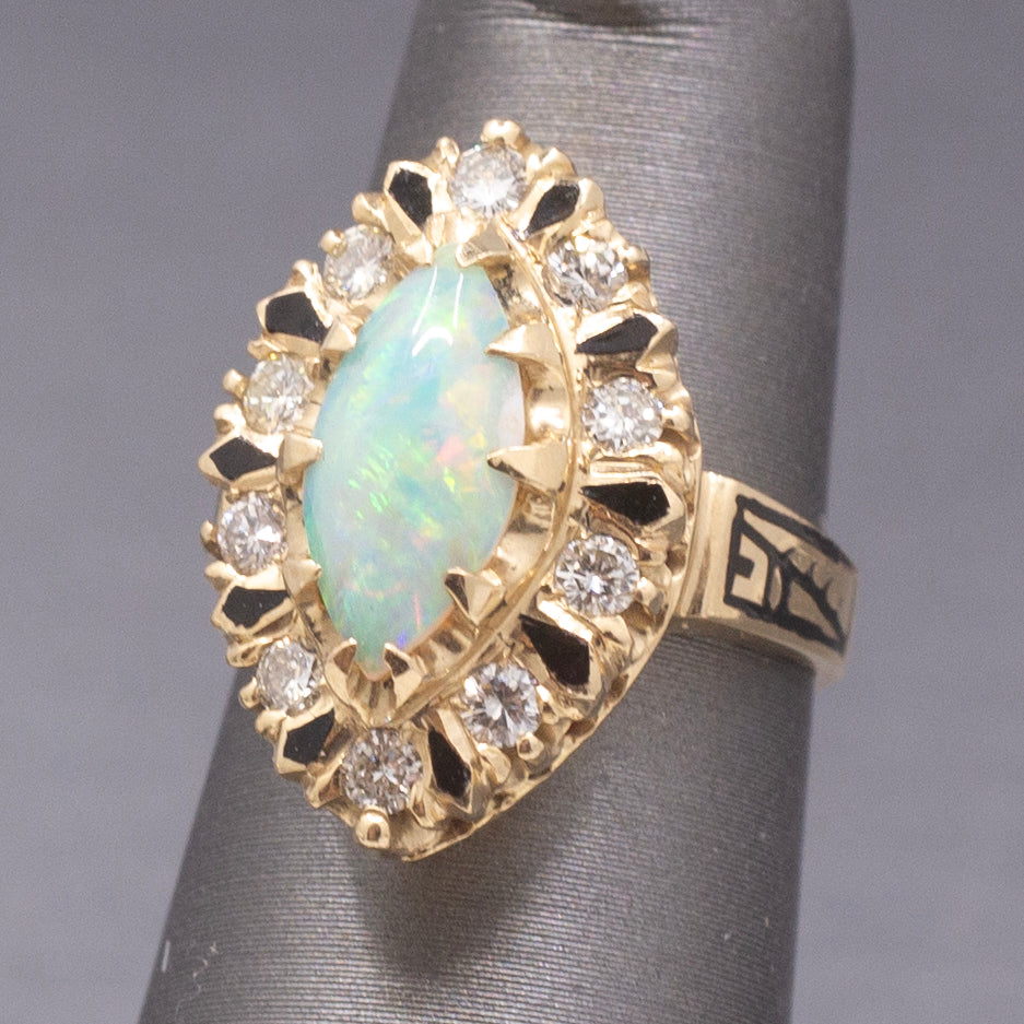 Vintage Australian Opal and Diamond Navette Cocktail Ring in 14k Yellow Gold