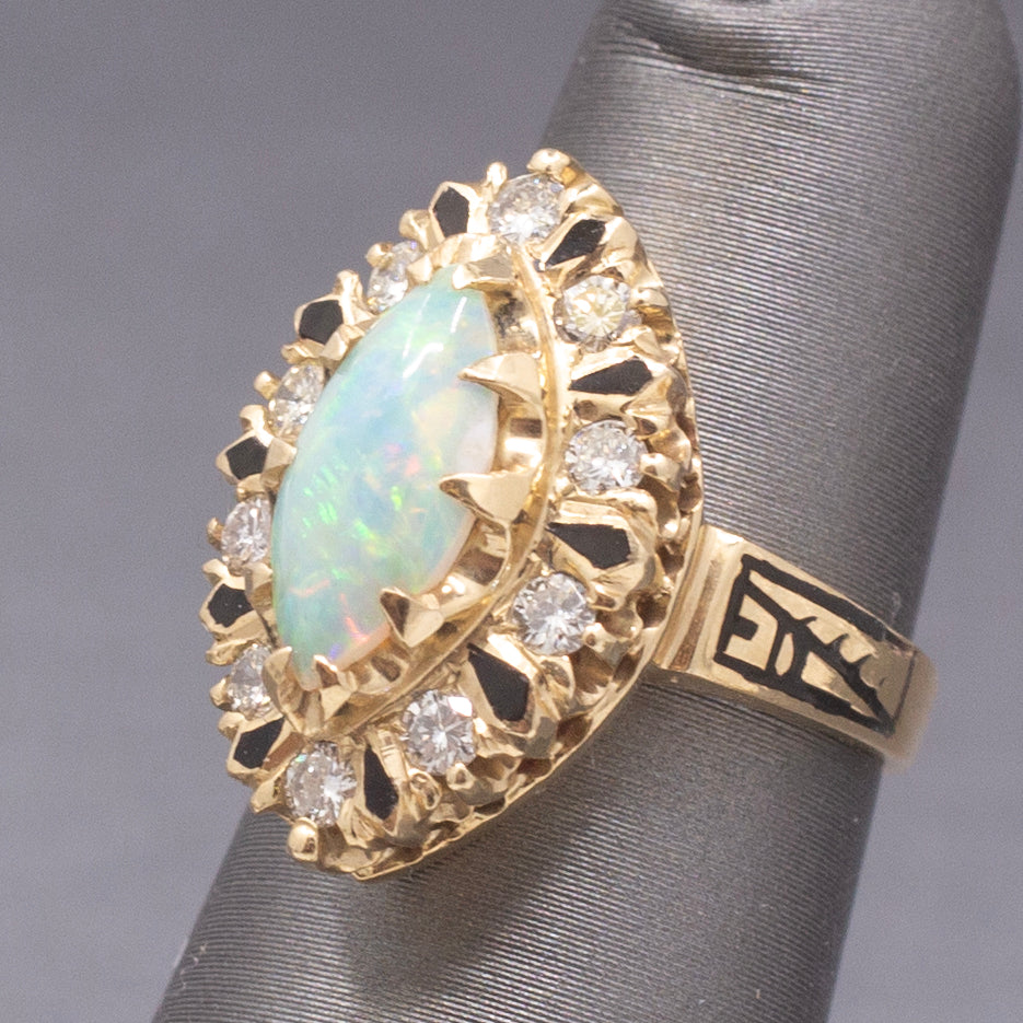 Vintage Australian Opal and Diamond Navette Cocktail Ring in 14k Yellow Gold