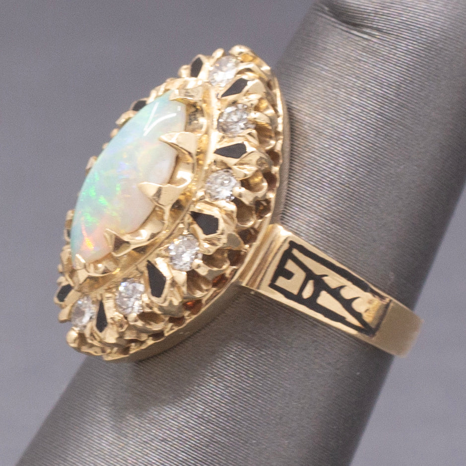 Vintage Australian Opal and Diamond Navette Cocktail Ring in 14k Yellow Gold