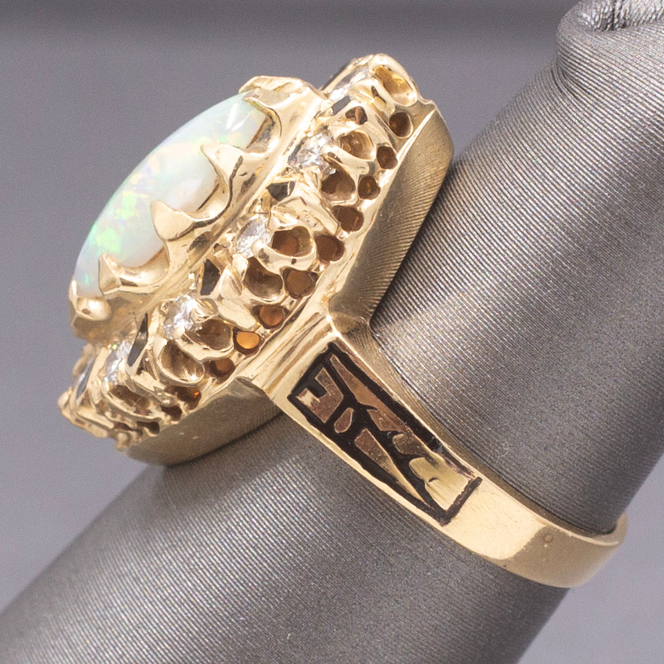 Vintage Australian Opal and Diamond Navette Cocktail Ring in 14k Yellow Gold