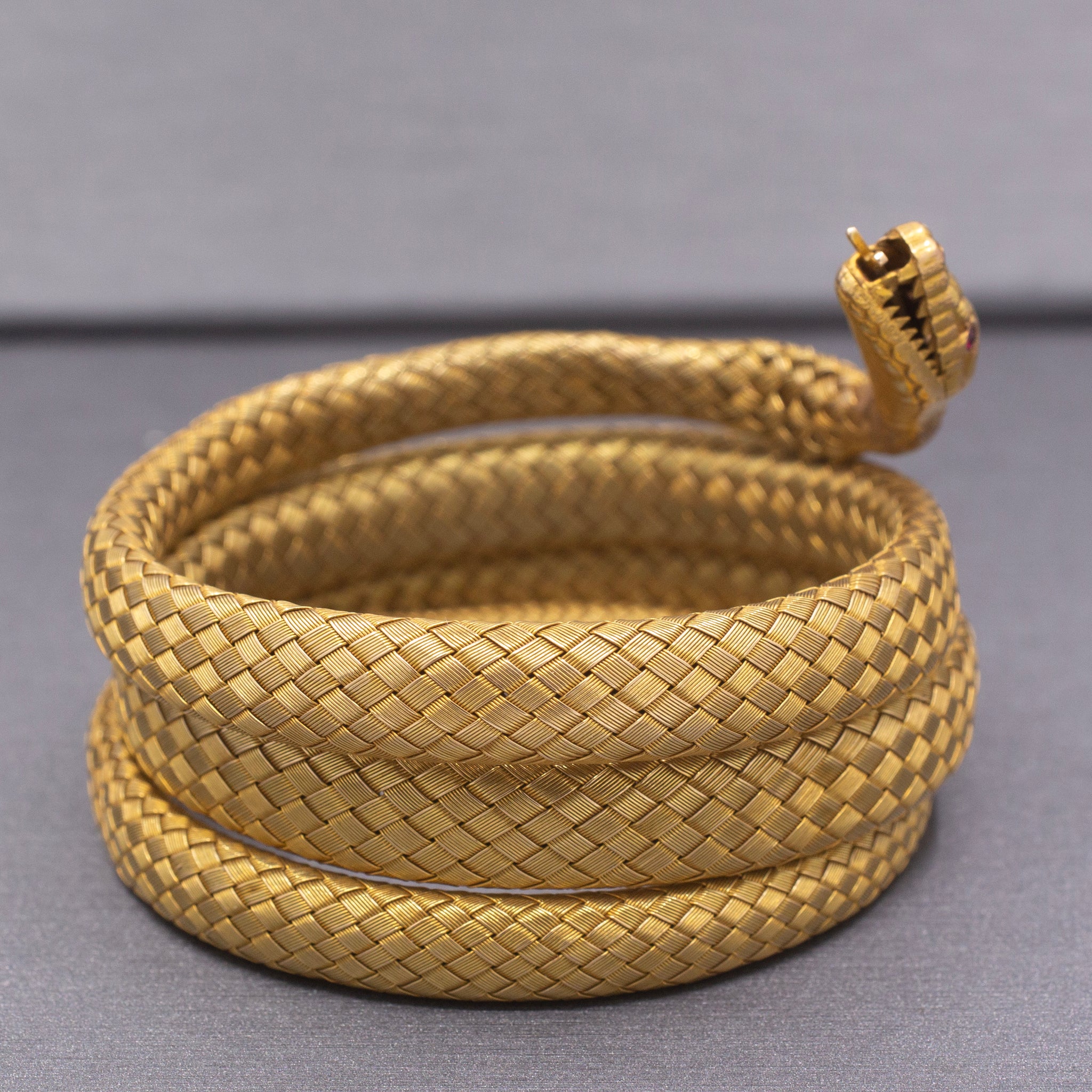 Magnificent Antique Victorian Snake Wrap Bracelet in 18k Yellow Gold with Ruby Eyes
