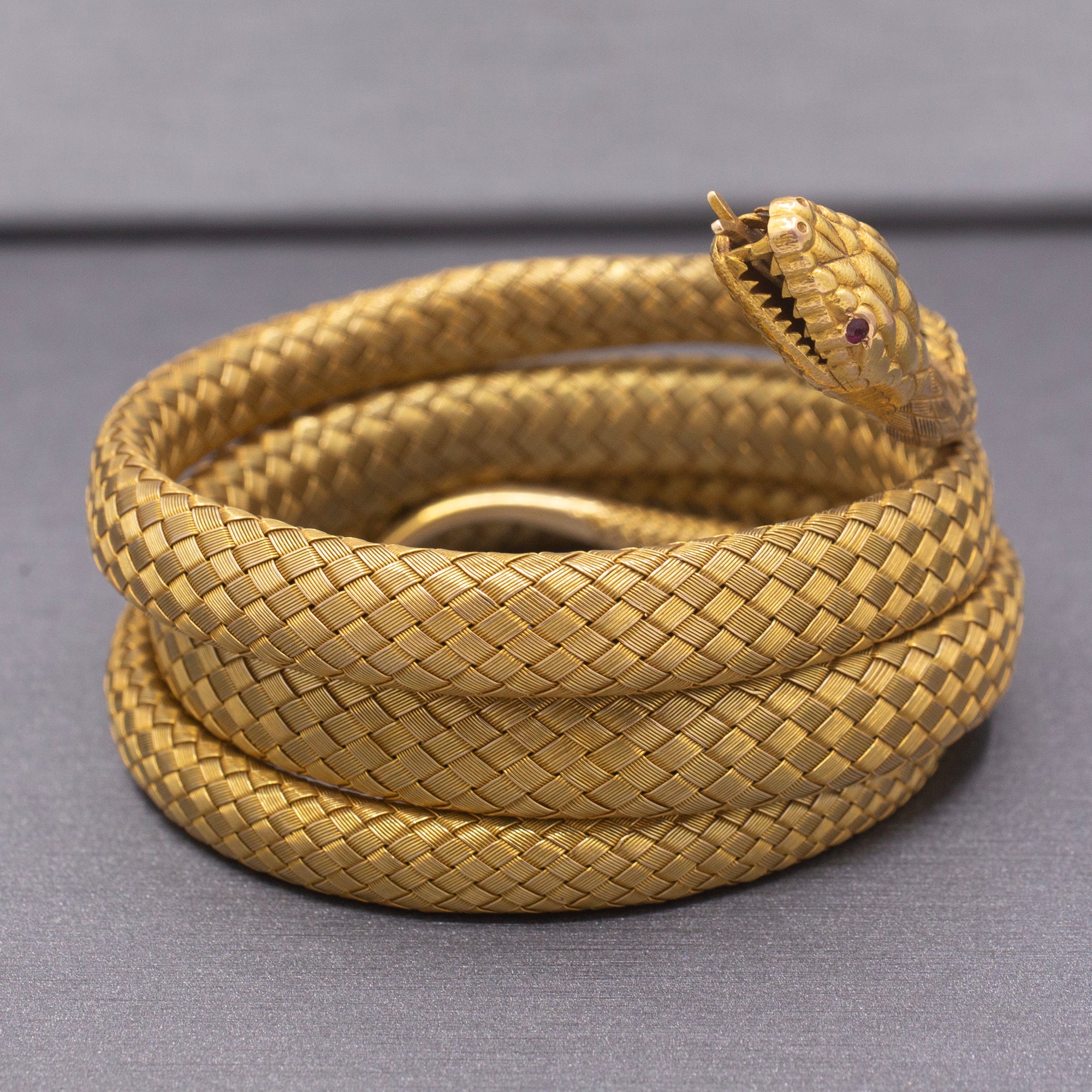 Magnificent Antique Victorian Snake Wrap Bracelet in 18k Yellow Gold with Ruby Eyes
