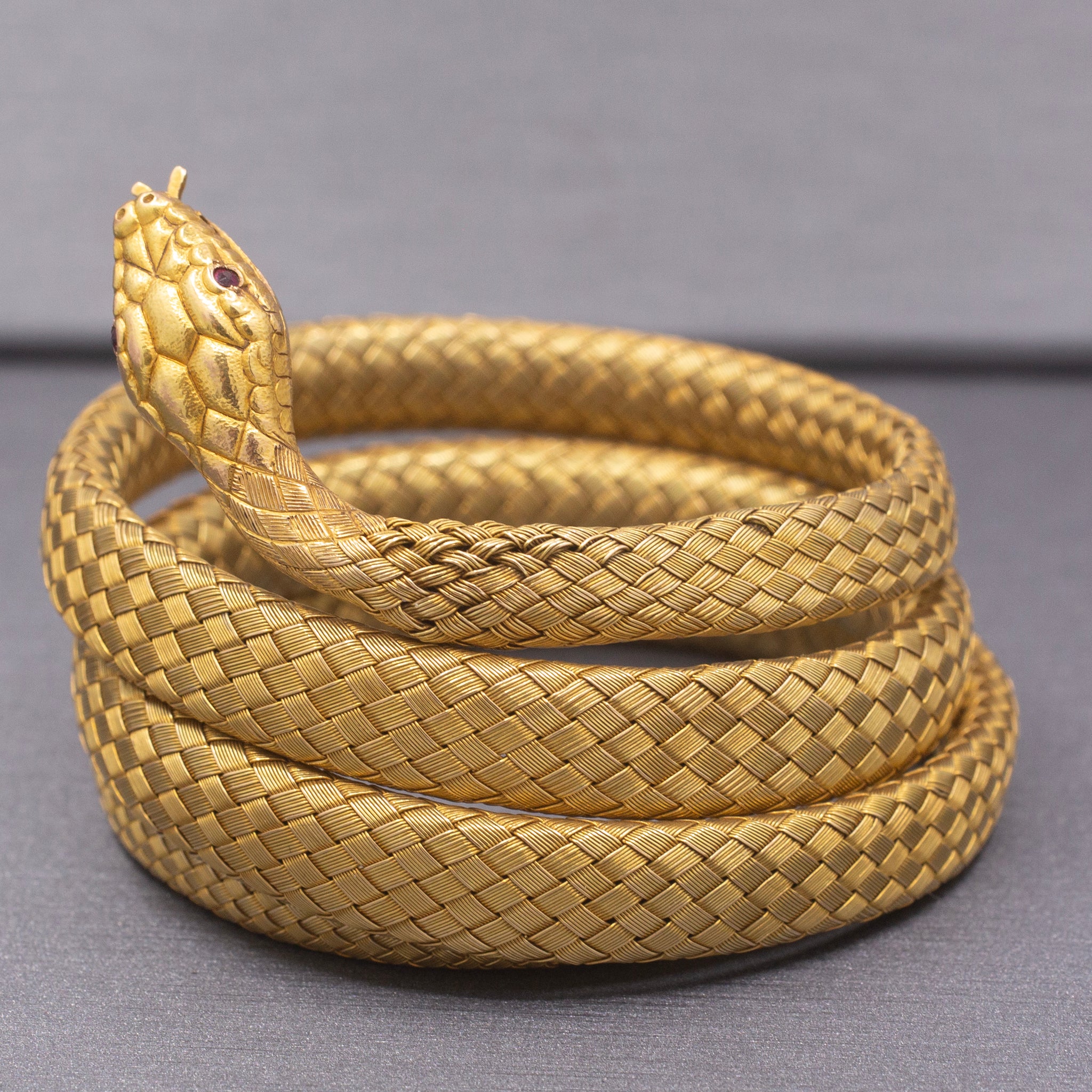 Magnificent Antique Victorian Snake Wrap Bracelet in 18k Yellow Gold with Ruby Eyes