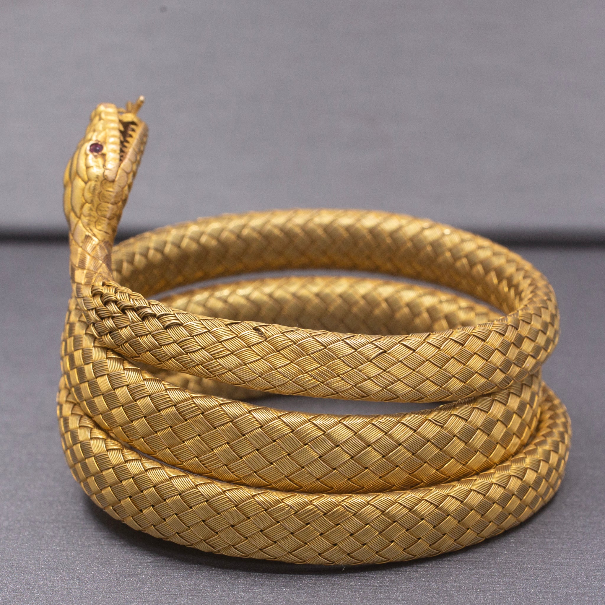 Magnificent Antique Victorian Snake Wrap Bracelet in 18k Yellow Gold with Ruby Eyes
