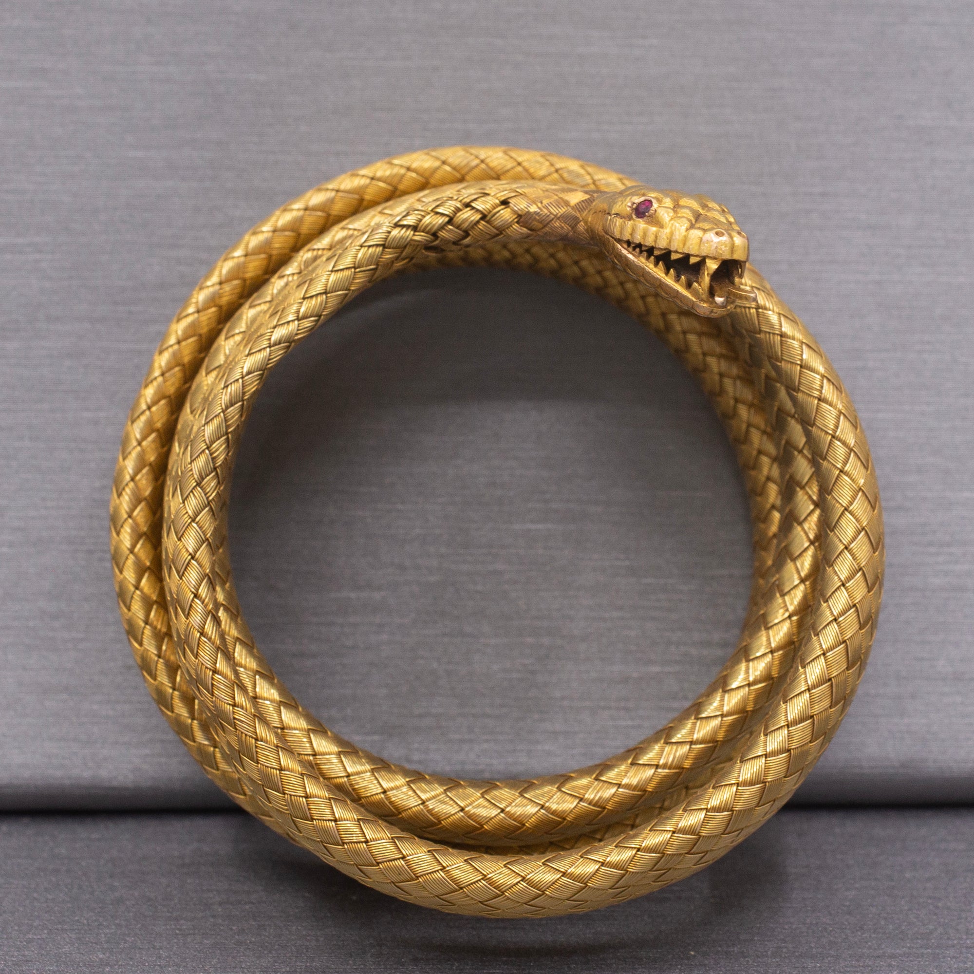 Magnificent Antique Victorian Snake Wrap Bracelet in 18k Yellow Gold with Ruby Eyes
