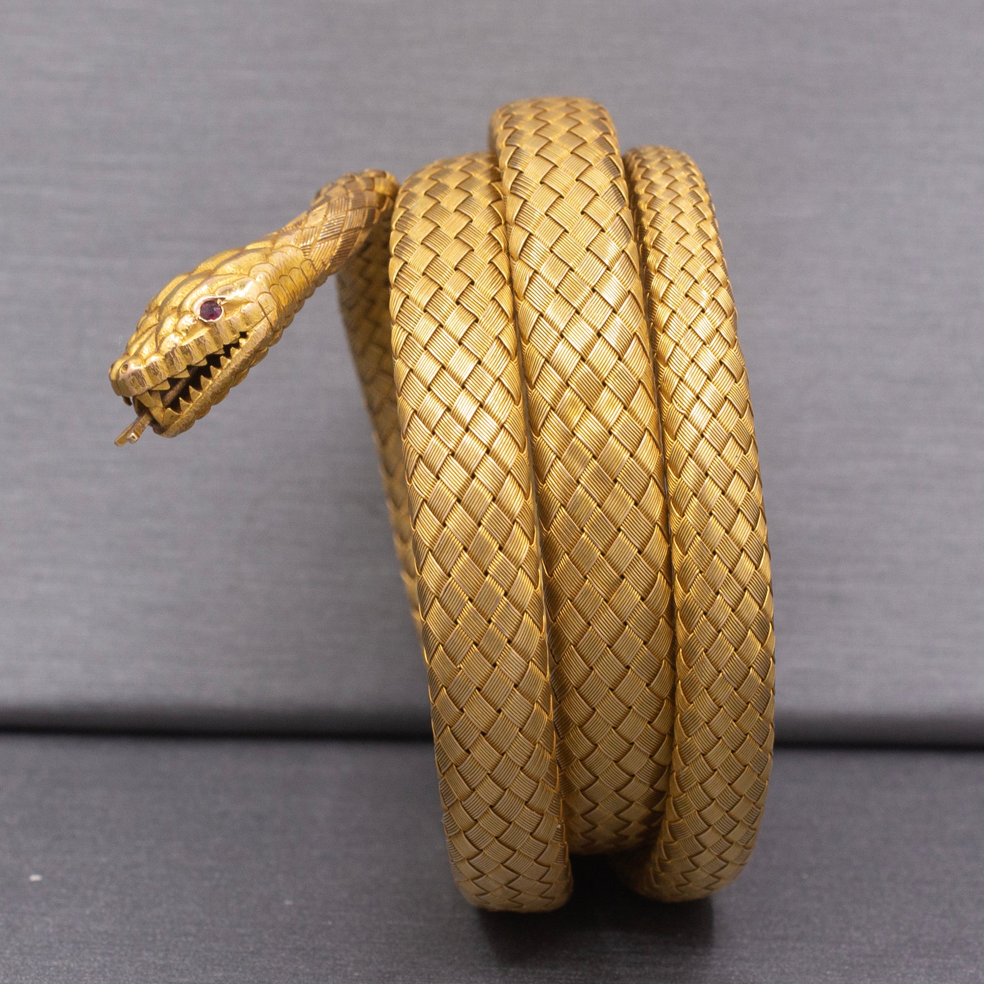 Magnificent Antique Victorian Snake Wrap Bracelet in 18k Yellow Gold with Ruby Eyes
