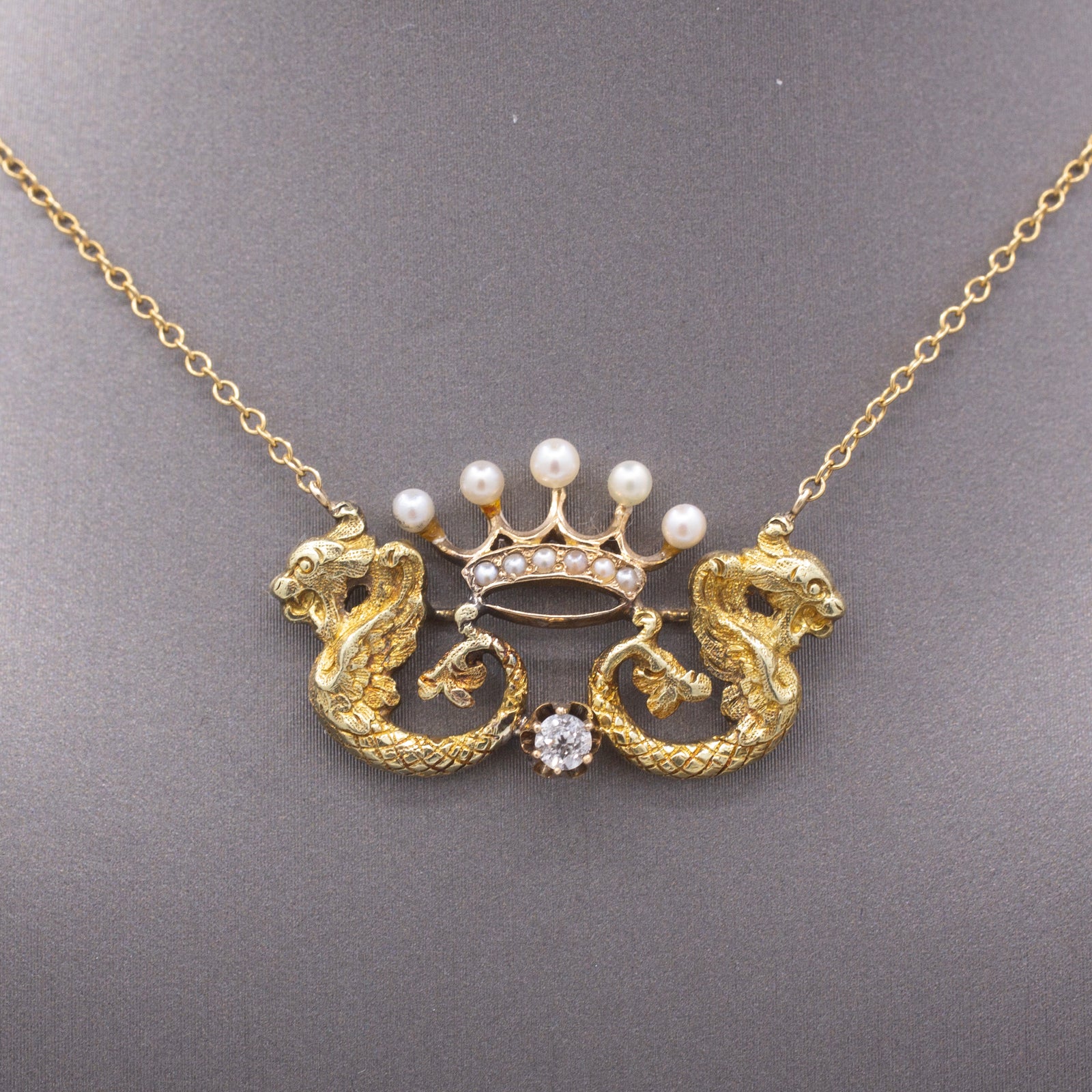 Antique Dragon Pearl Crown and Old Mine Cut Diamond Necklace in 14k Yellow Gold