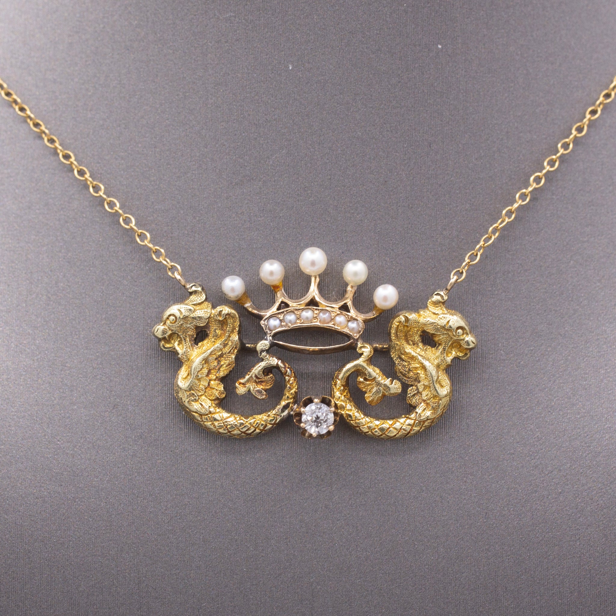 Antique Dragon Pearl Crown and Old Mine Cut Diamond Necklace in 14k Yellow Gold