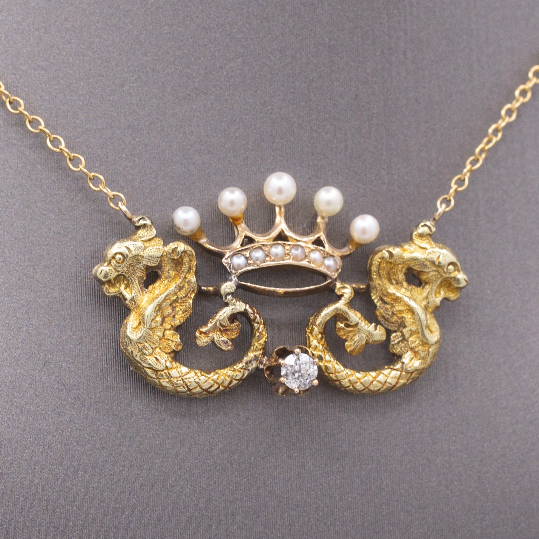 Antique Dragon Pearl Crown and Old Mine Cut Diamond Necklace in 14k Yellow Gold