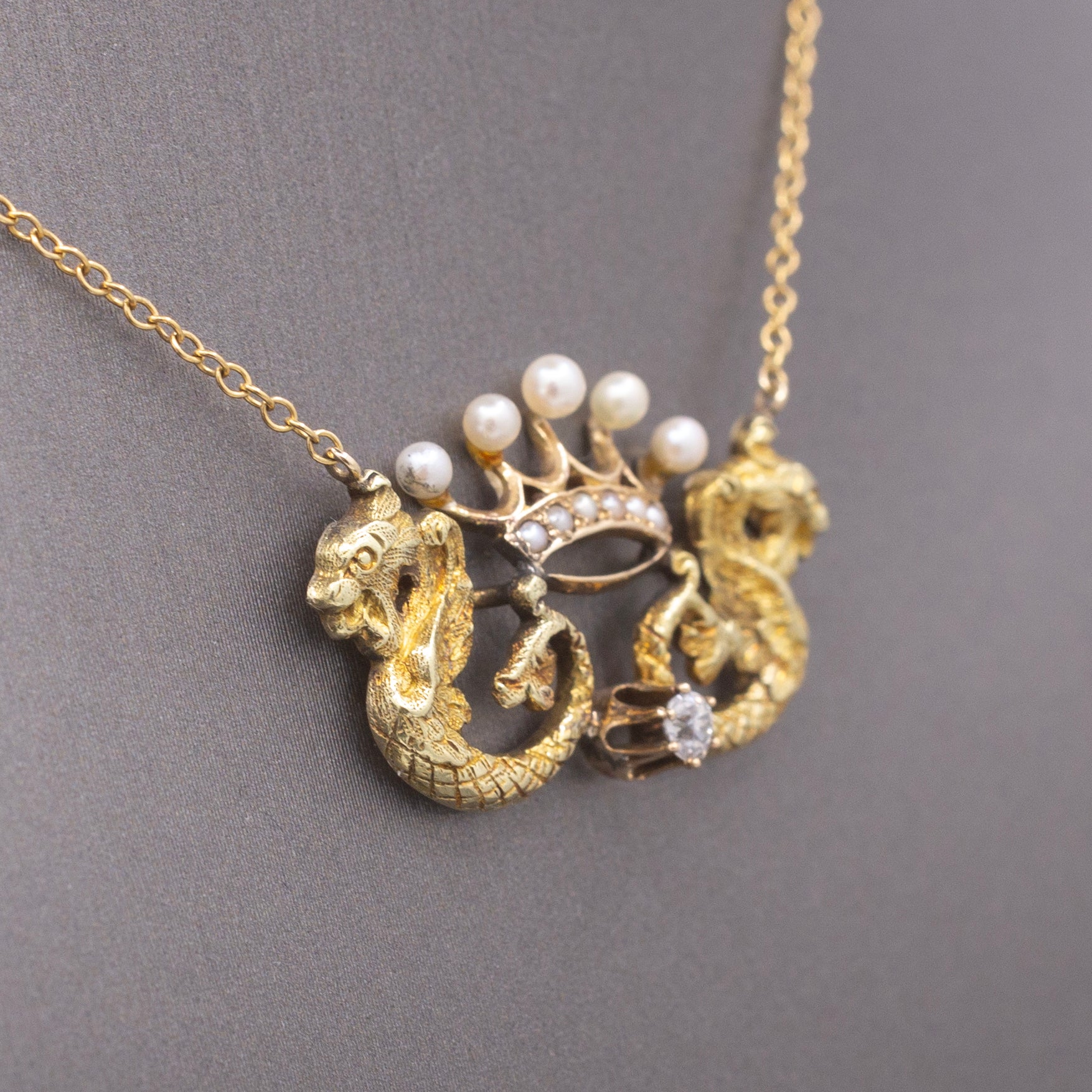 Antique Dragon Pearl Crown and Old Mine Cut Diamond Necklace in 14k Yellow Gold
