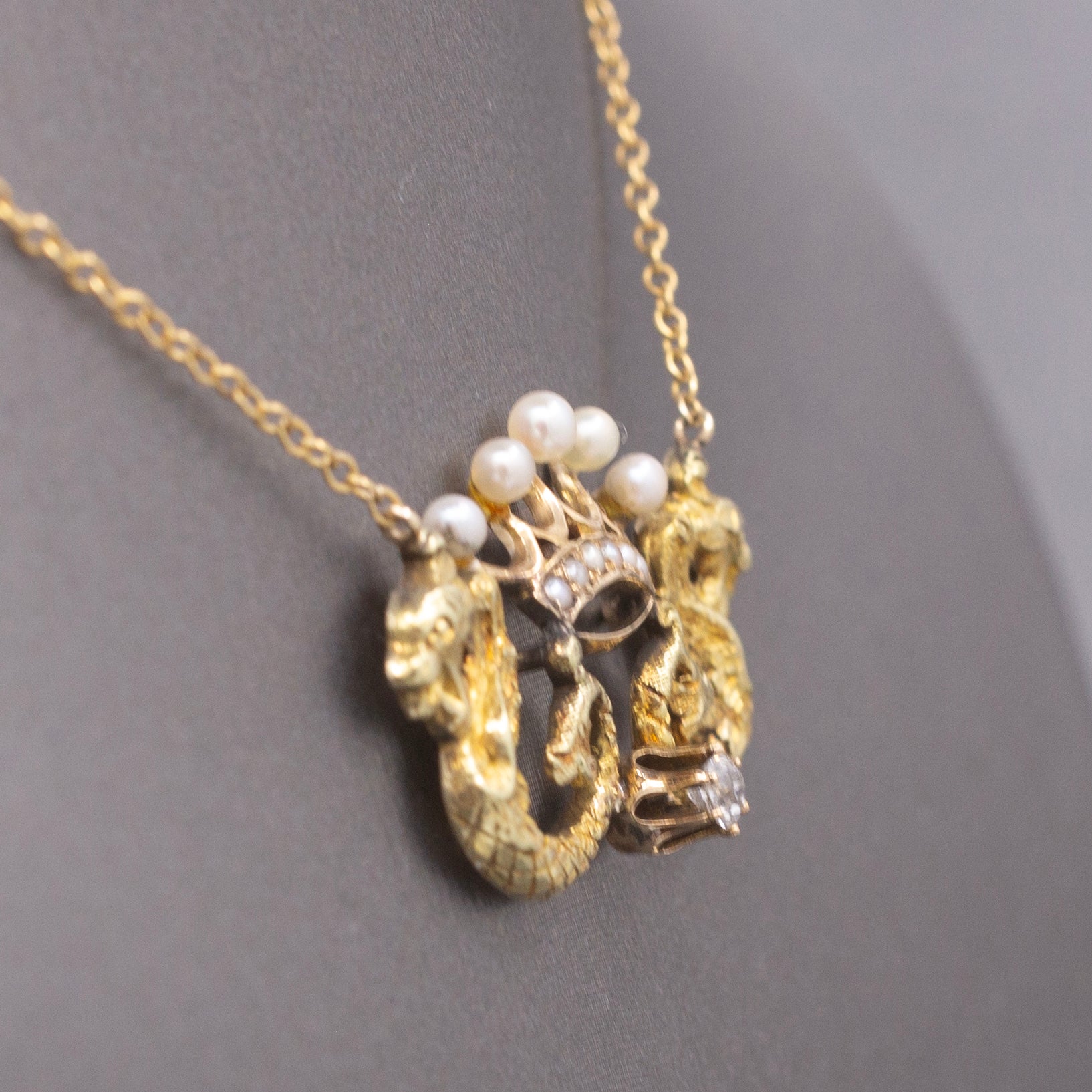 Antique Dragon Pearl Crown and Old Mine Cut Diamond Necklace in 14k Yellow Gold