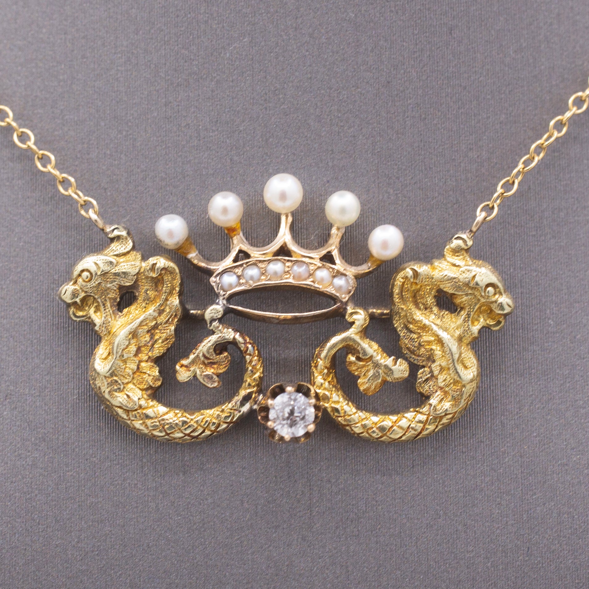 Antique Dragon Pearl Crown and Old Mine Cut Diamond Necklace in 14k Yellow Gold
