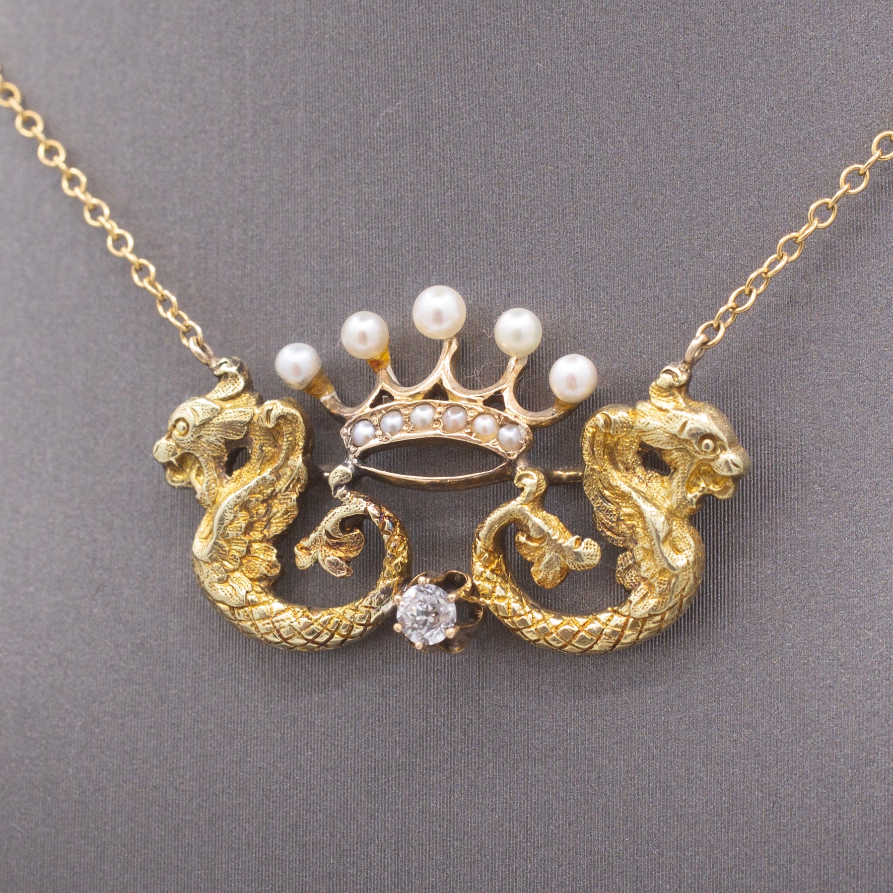 Antique Dragon Pearl Crown and Old Mine Cut Diamond Necklace in 14k Yellow Gold