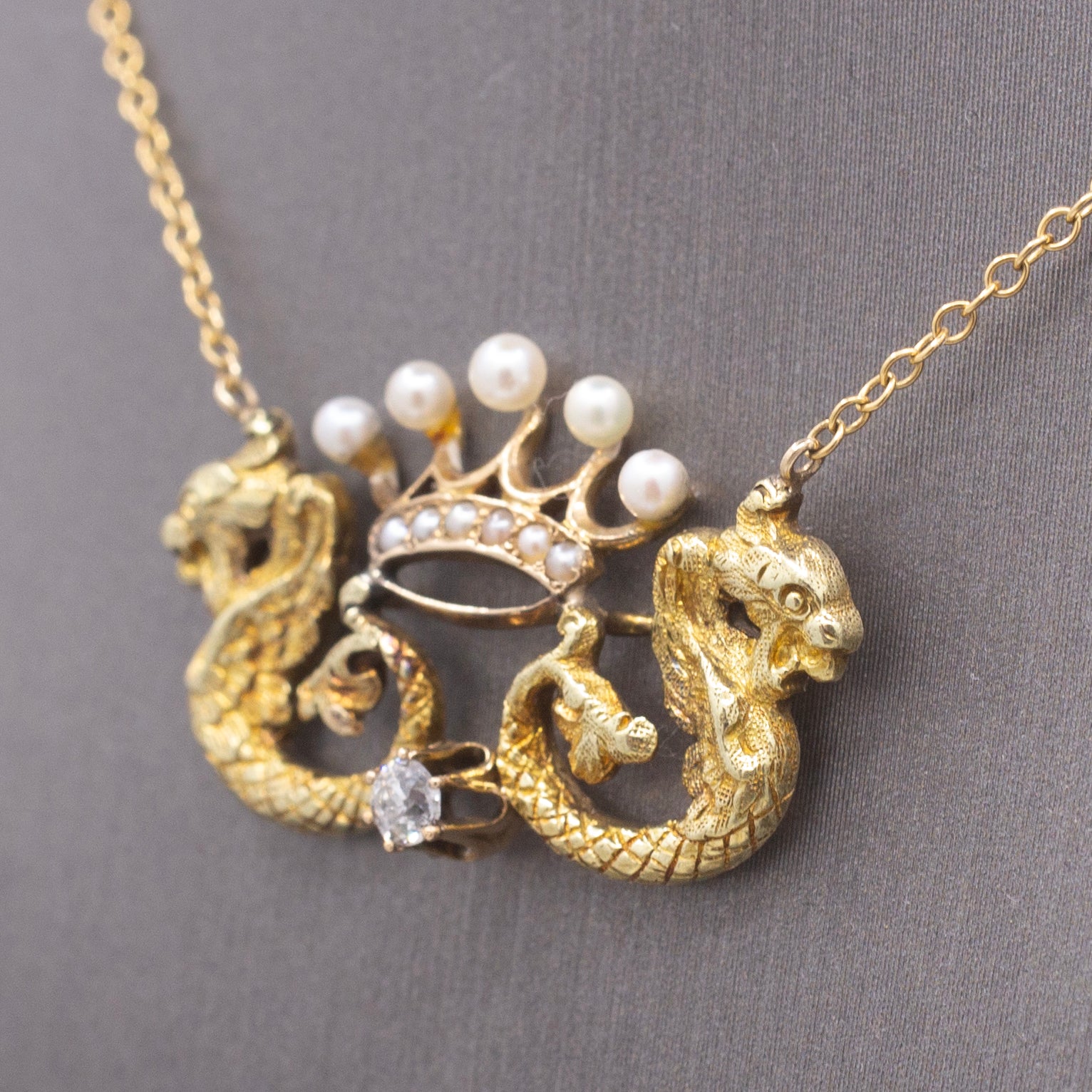 Antique Dragon Pearl Crown and Old Mine Cut Diamond Necklace in 14k Yellow Gold