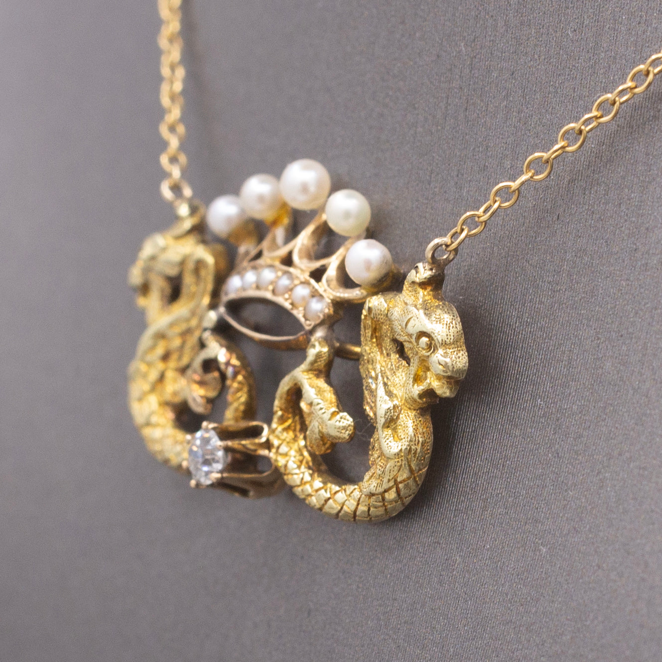 Antique Dragon Pearl Crown and Old Mine Cut Diamond Necklace in 14k Yellow Gold