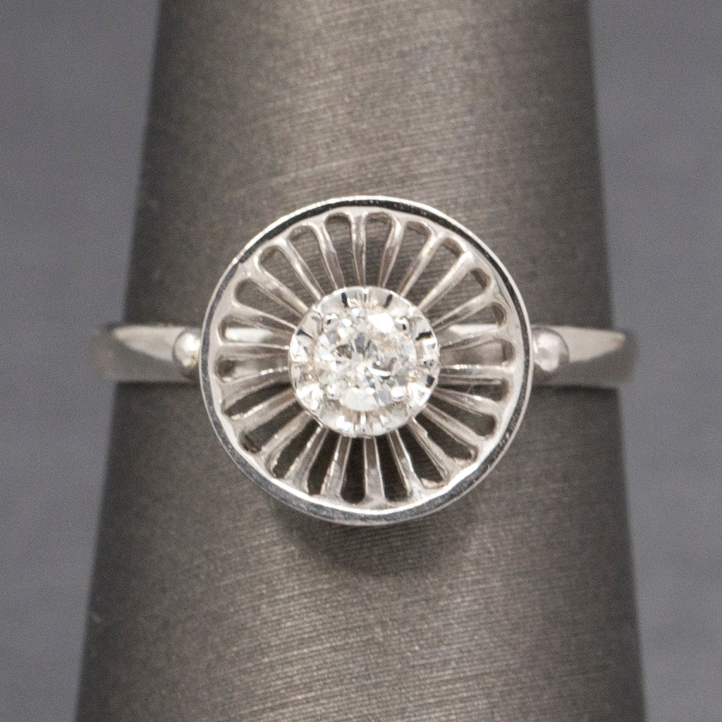 Diamond and Knife Wire Work Antique Hat Pin Conversion Ring in 14k White Gold