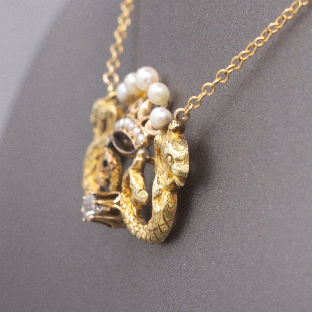 Antique Dragon Pearl Crown and Old Mine Cut Diamond Necklace in 14k Yellow Gold