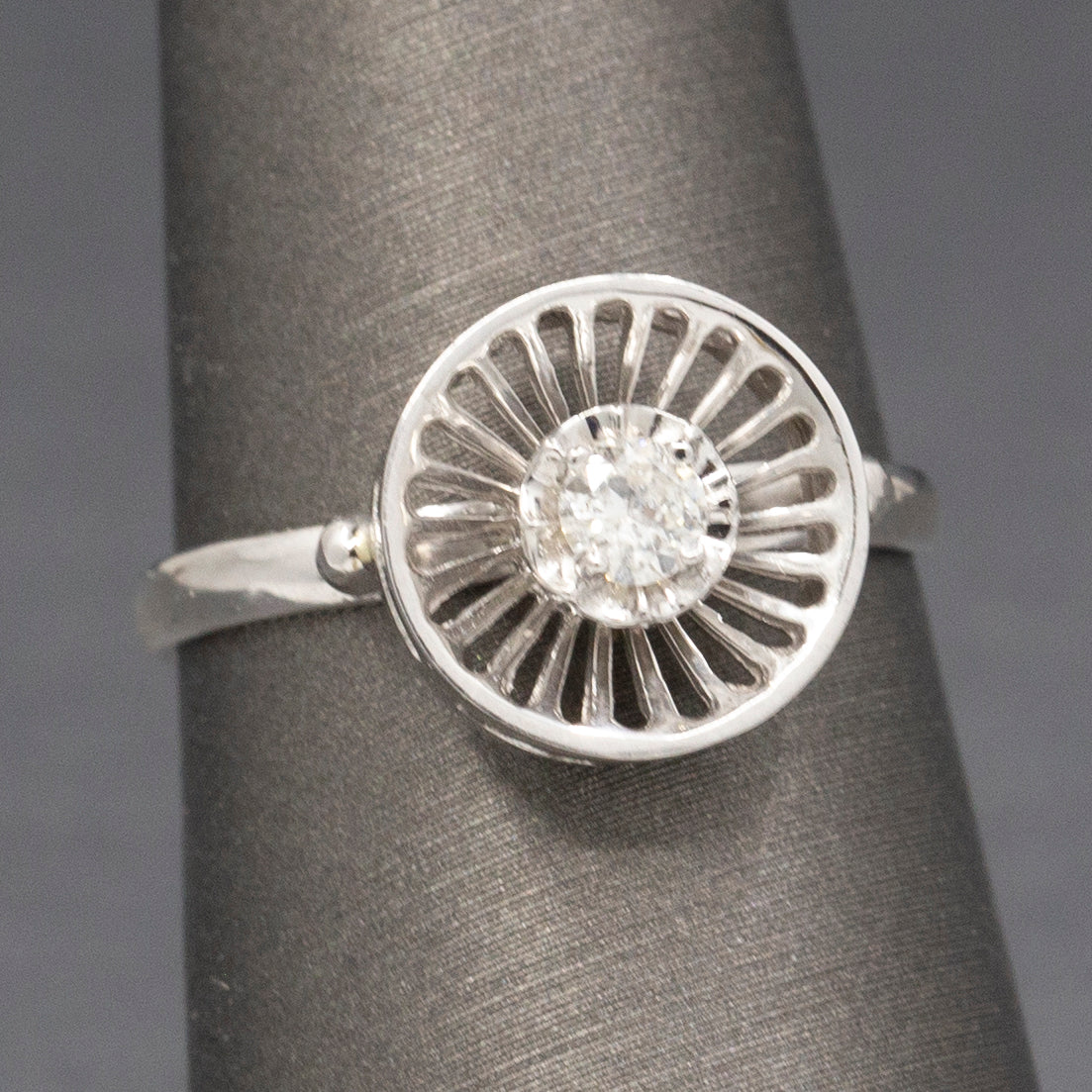 Diamond and Knife Wire Work Antique Hat Pin Conversion Ring in 14k White Gold