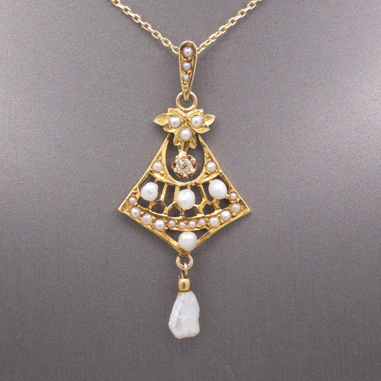 Delicate Edwardian Seed Pearl and Diamond Lavalier Necklace in 14k Yellow Gold