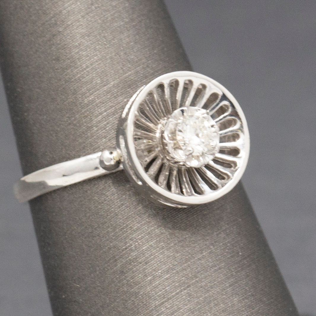 Diamond and Knife Wire Work Antique Hat Pin Conversion Ring in 14k White Gold