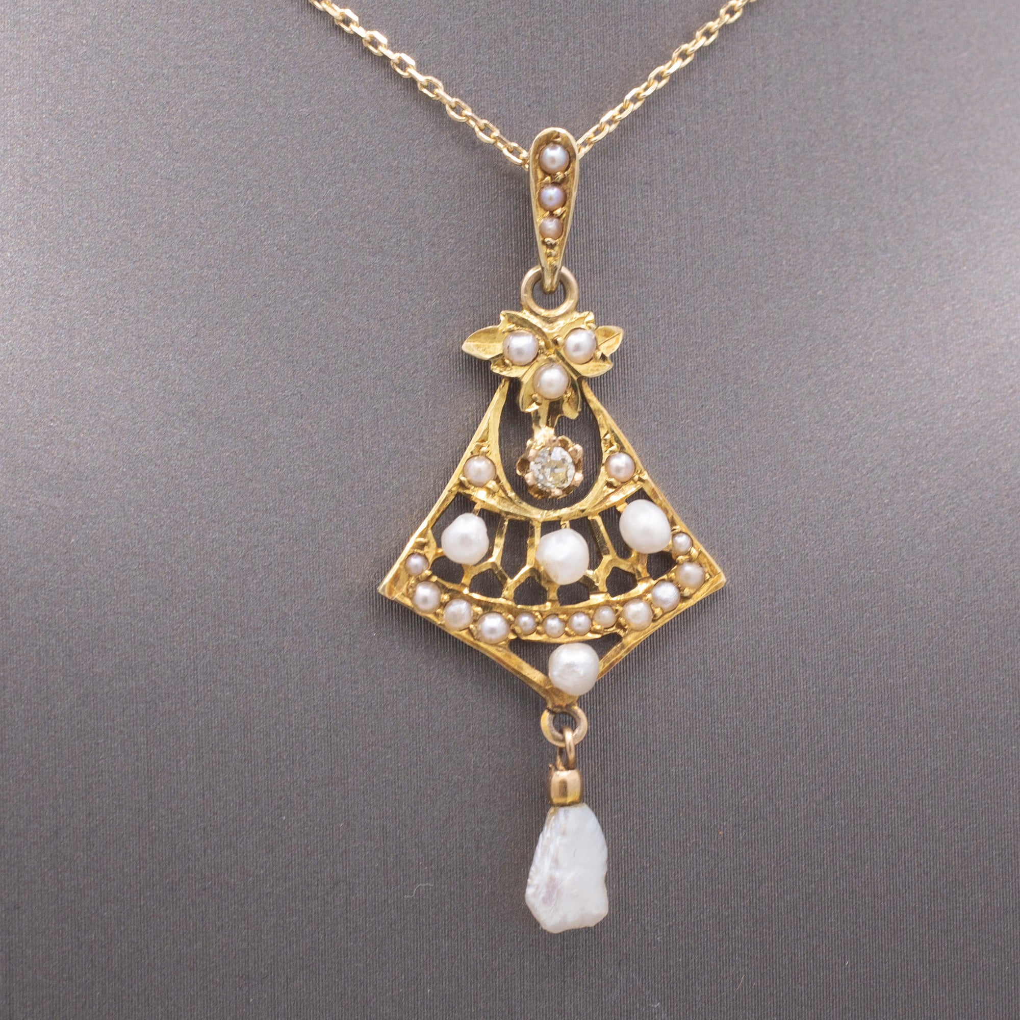 Delicate Edwardian Seed Pearl and Diamond Lavalier Necklace in 14k Yellow Gold
