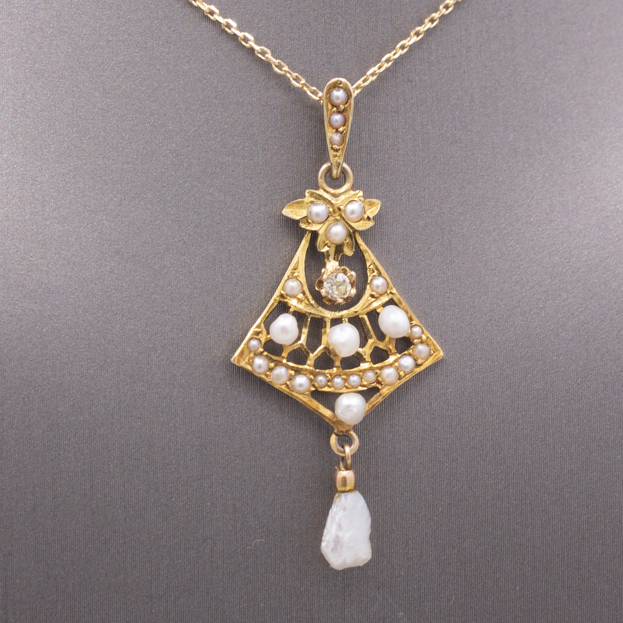 Delicate Edwardian Seed Pearl and Diamond Lavalier Necklace in 14k Yellow Gold
