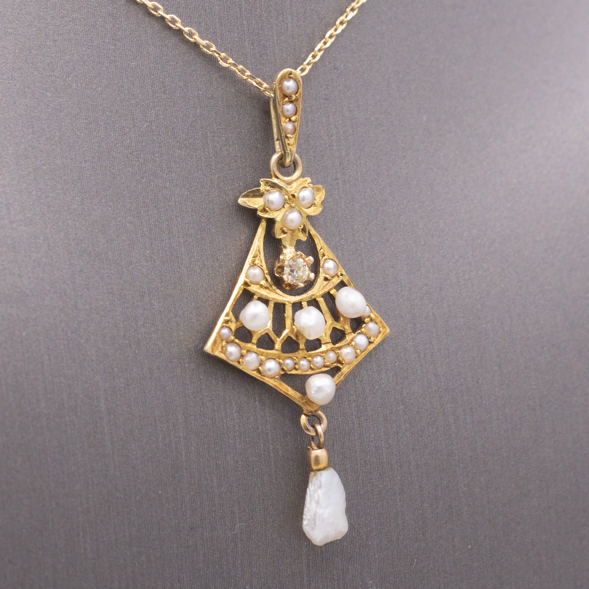 Delicate Edwardian Seed Pearl and Diamond Lavalier Necklace in 14k Yellow Gold