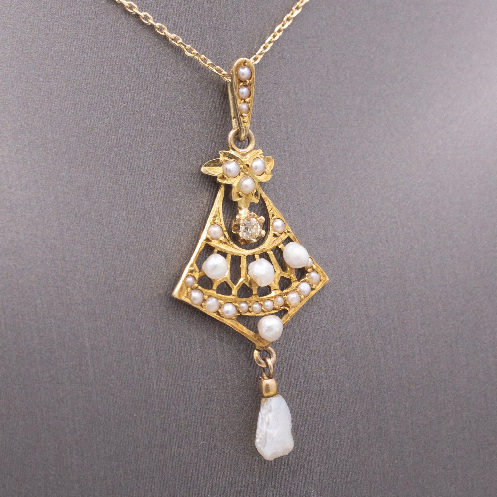 Delicate Edwardian Seed Pearl and Diamond Lavalier Necklace in 14k Yellow Gold