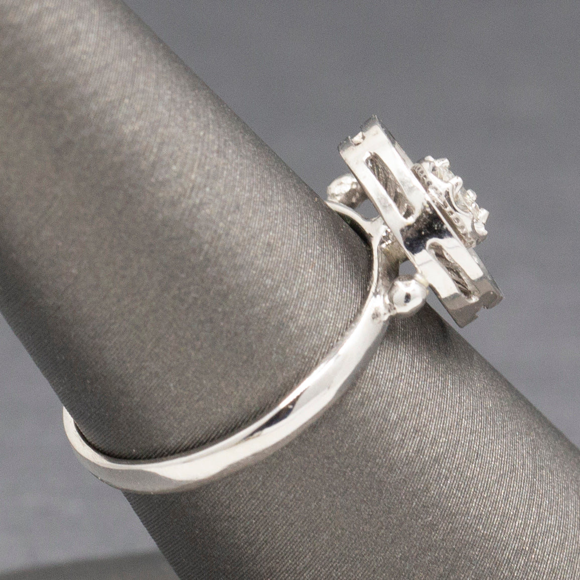 Diamond and Knife Wire Work Antique Hat Pin Conversion Ring in 14k White Gold