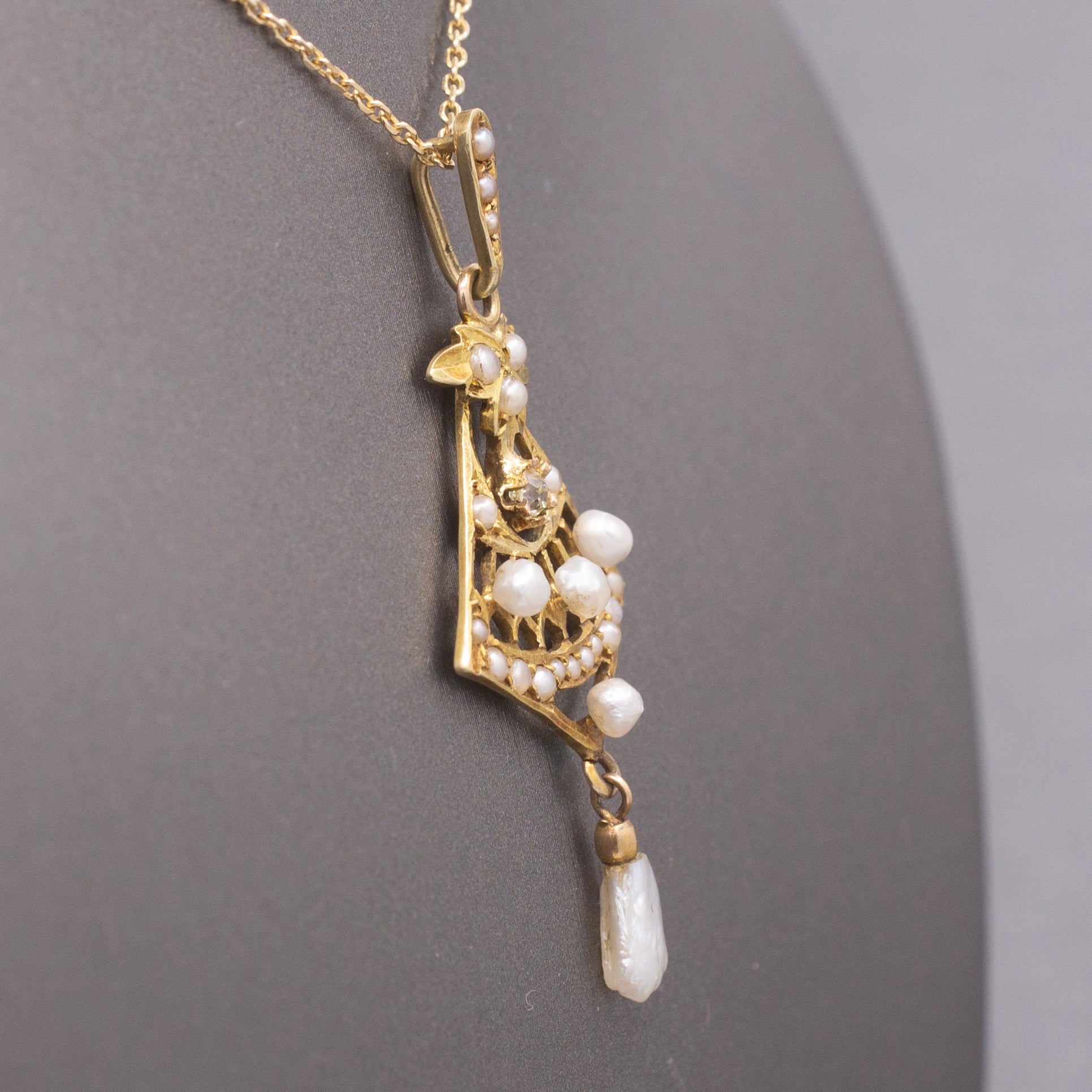 Delicate Edwardian Seed Pearl and Diamond Lavalier Necklace in 14k Yellow Gold
