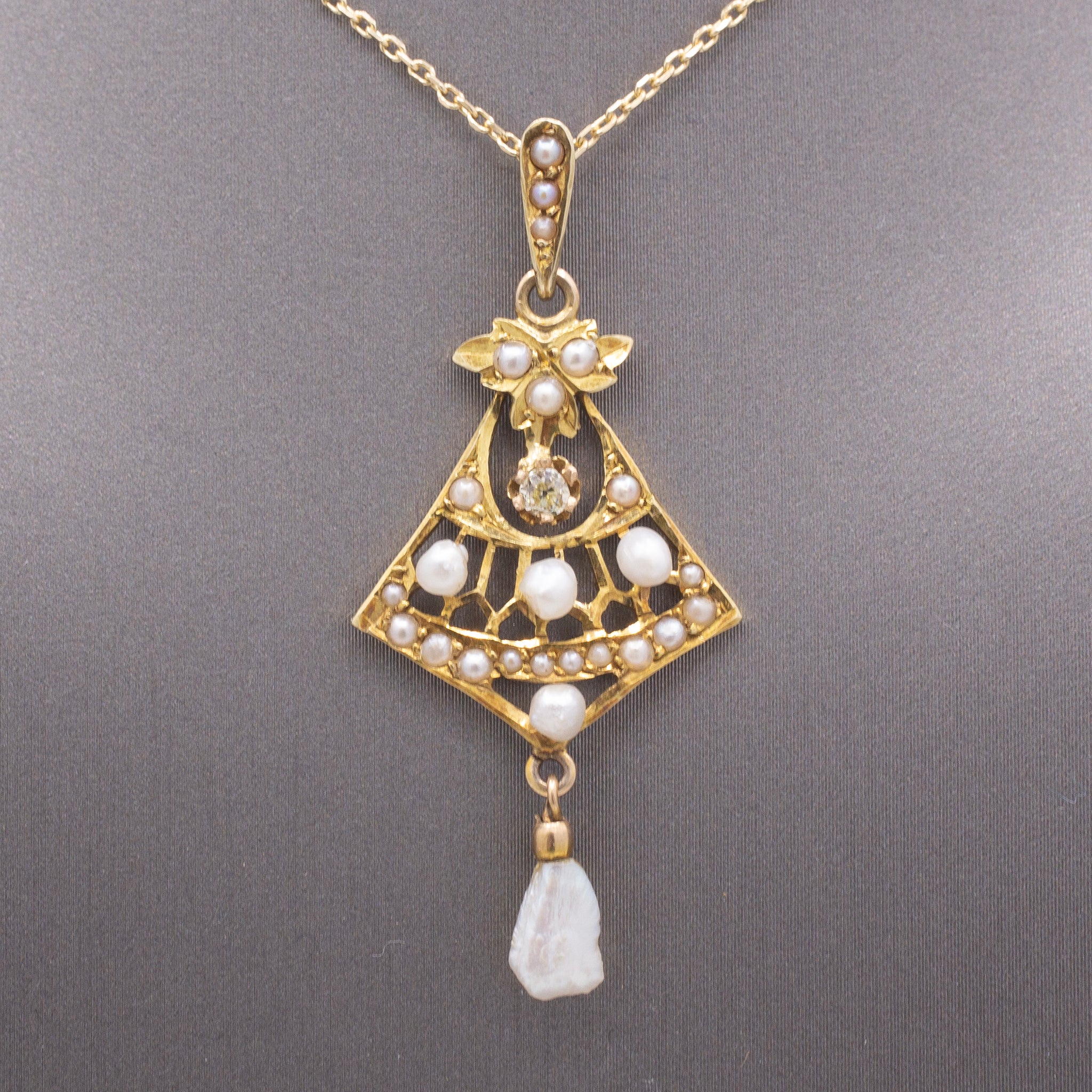 Delicate Edwardian Seed Pearl and Diamond Lavalier Necklace in 14k Yellow Gold