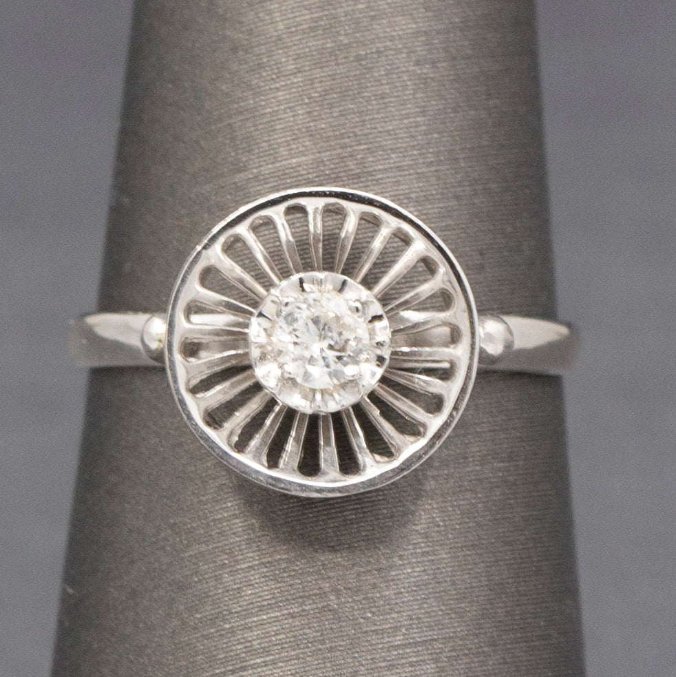 Diamond and Knife Wire Work Antique Hat Pin Conversion Ring in 14k White Gold