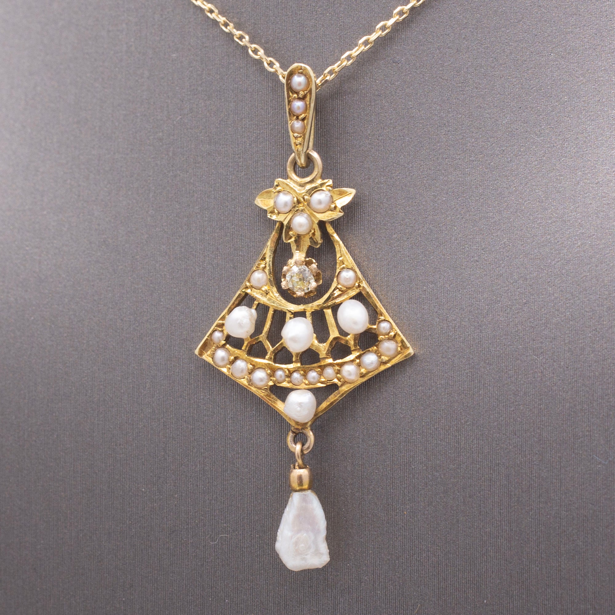 Delicate Edwardian Seed Pearl and Diamond Lavalier Necklace in 14k Yellow Gold
