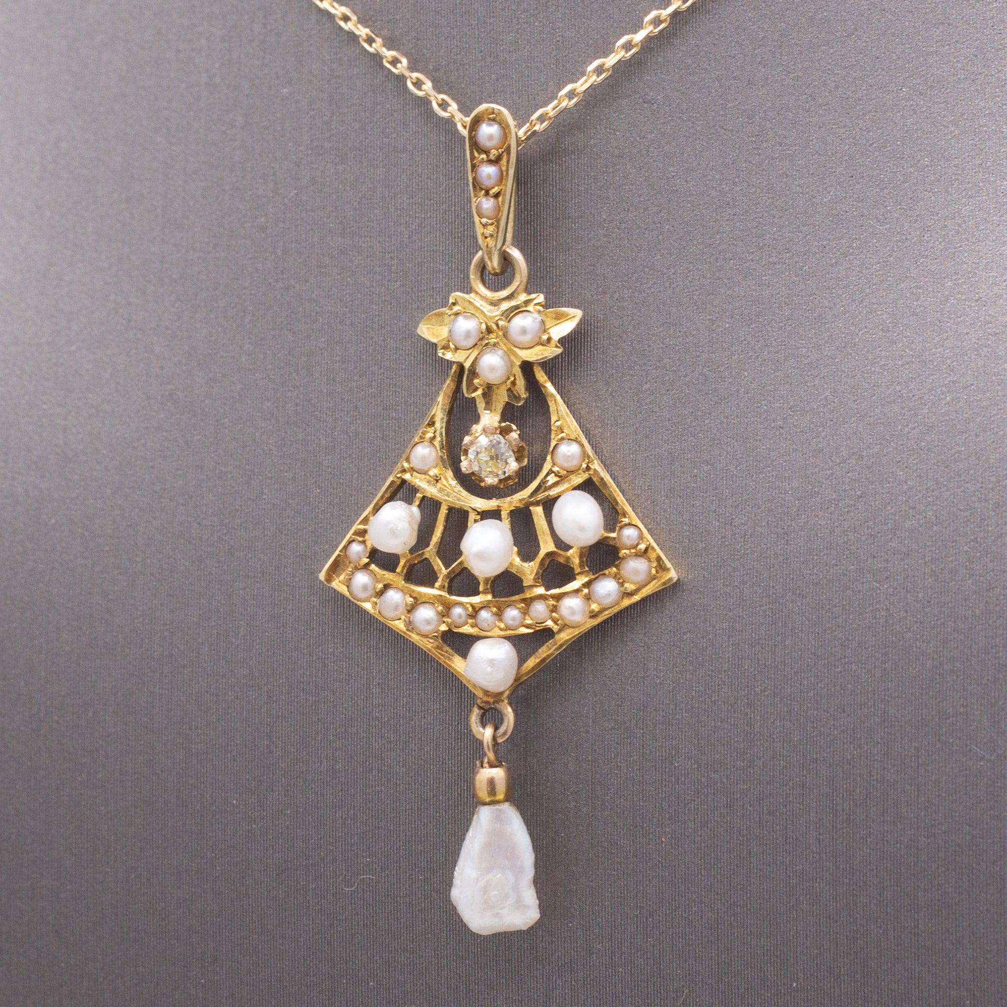 Delicate Edwardian Seed Pearl and Diamond Lavalier Necklace in 14k Yellow Gold
