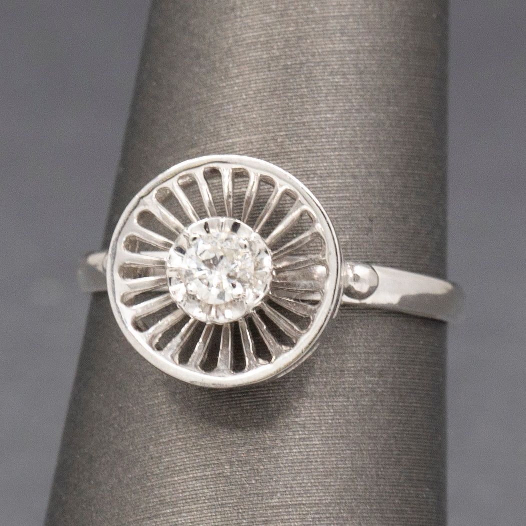Diamond and Knife Wire Work Antique Hat Pin Conversion Ring in 14k White Gold