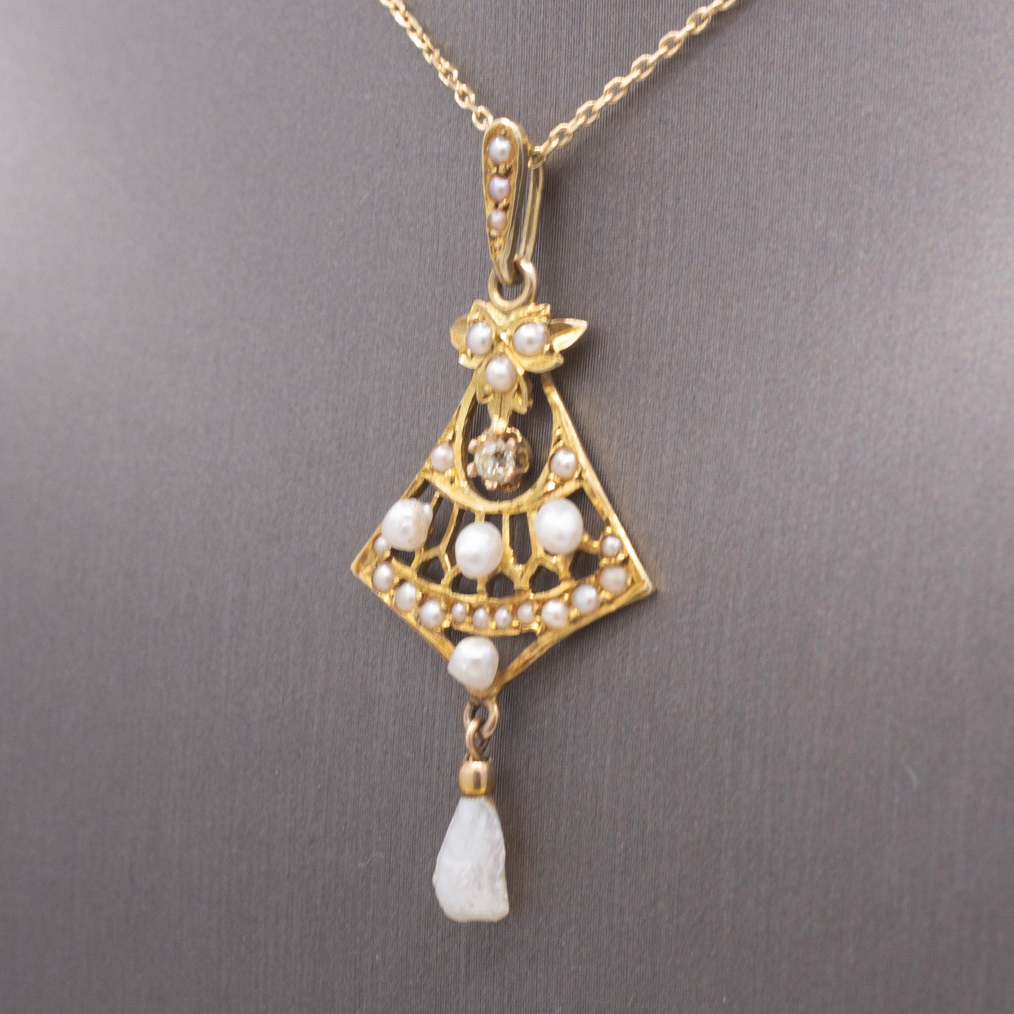 Delicate Edwardian Seed Pearl and Diamond Lavalier Necklace in 14k Yellow Gold