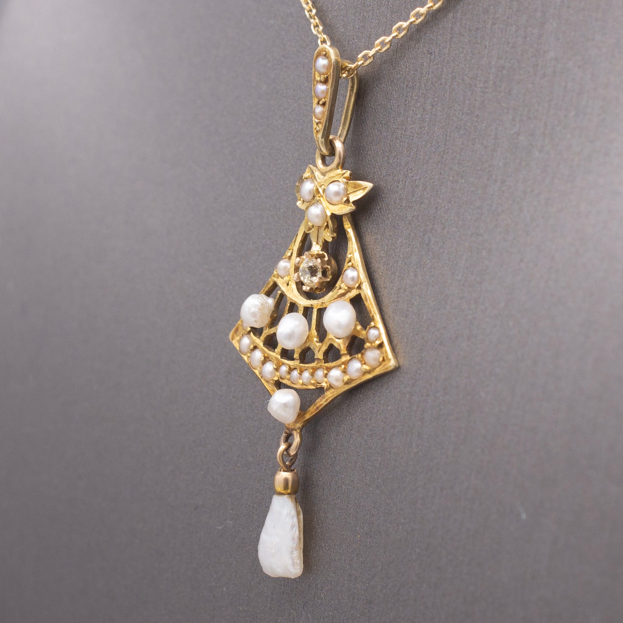 Delicate Edwardian Seed Pearl and Diamond Lavalier Necklace in 14k Yellow Gold
