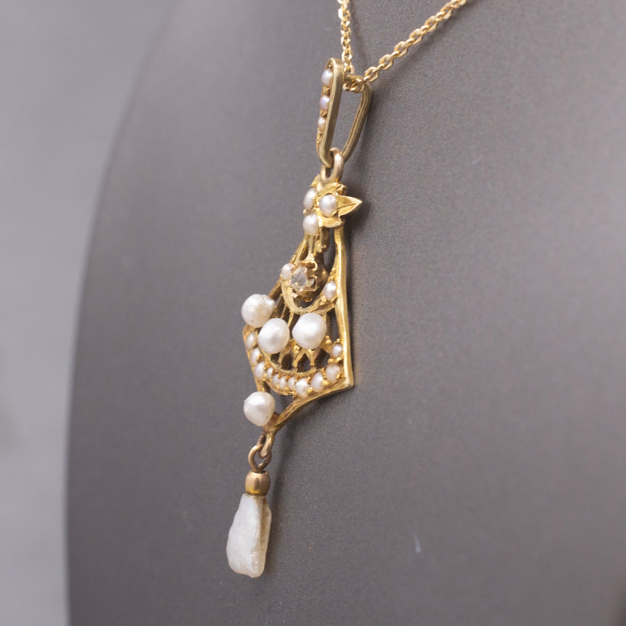 Delicate Edwardian Seed Pearl and Diamond Lavalier Necklace in 14k Yellow Gold
