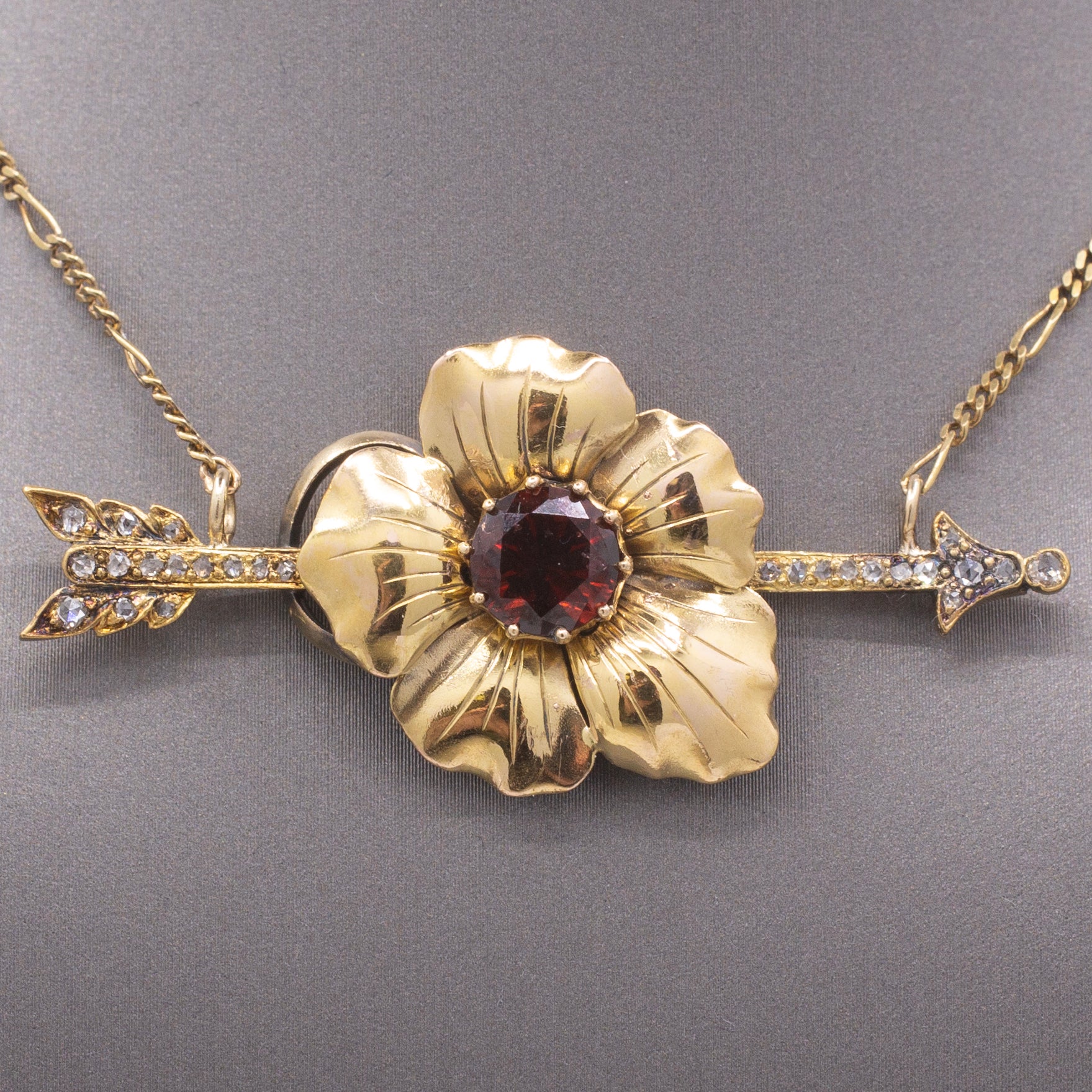 Romantic Antique Victorian Garnet & Diamond Arrow Flower Necklace in 14k Yellow Gold