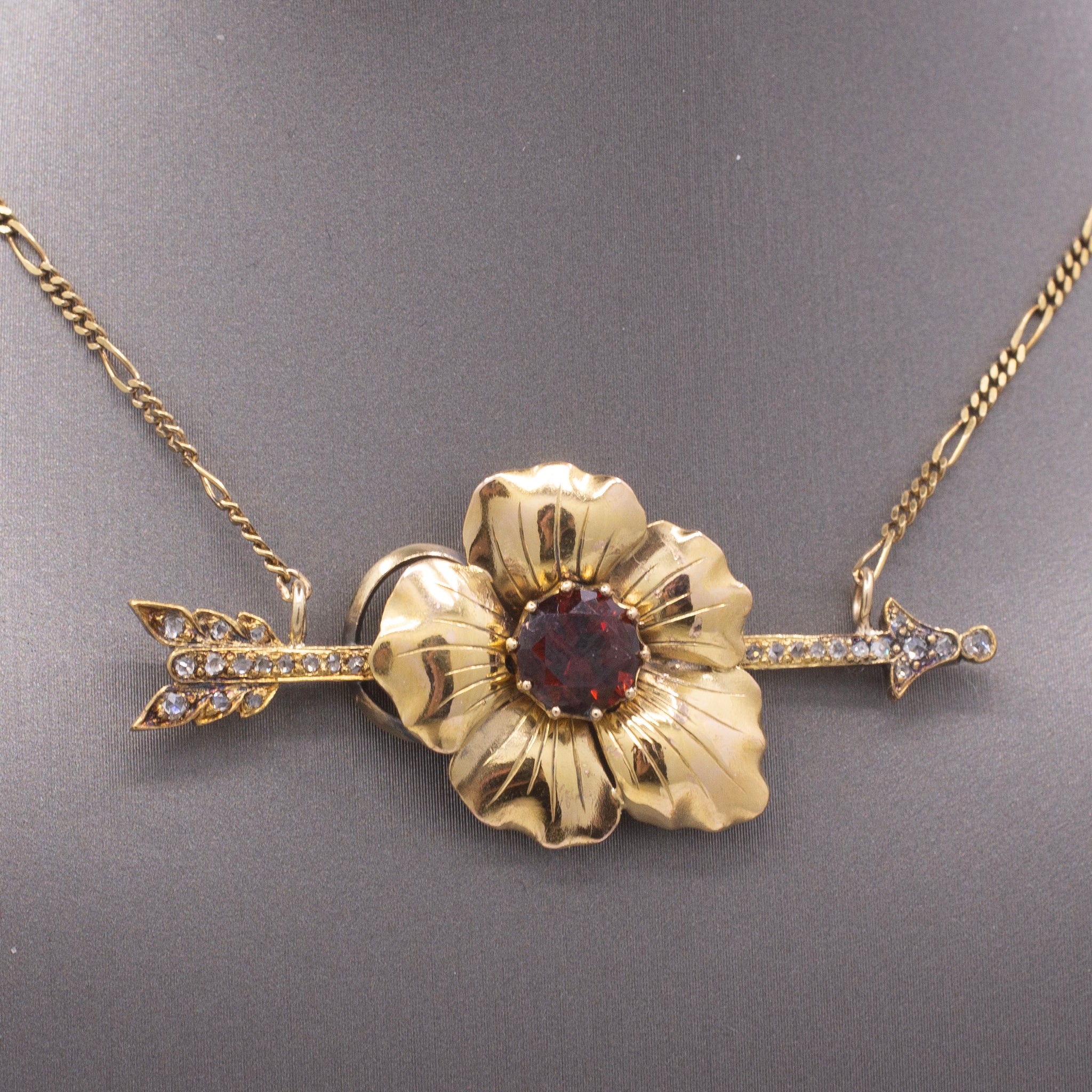 Romantic Antique Victorian Garnet & Diamond Arrow Flower Necklace in 14k Yellow Gold