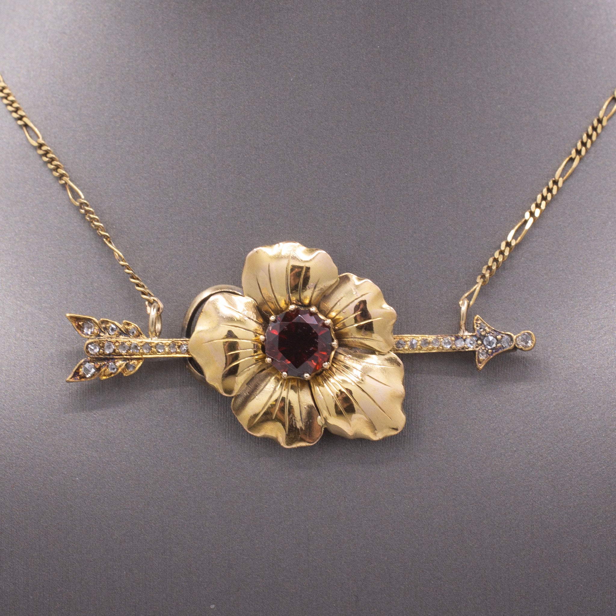 Romantic Antique Victorian Garnet & Diamond Arrow Flower Necklace in 14k Yellow Gold