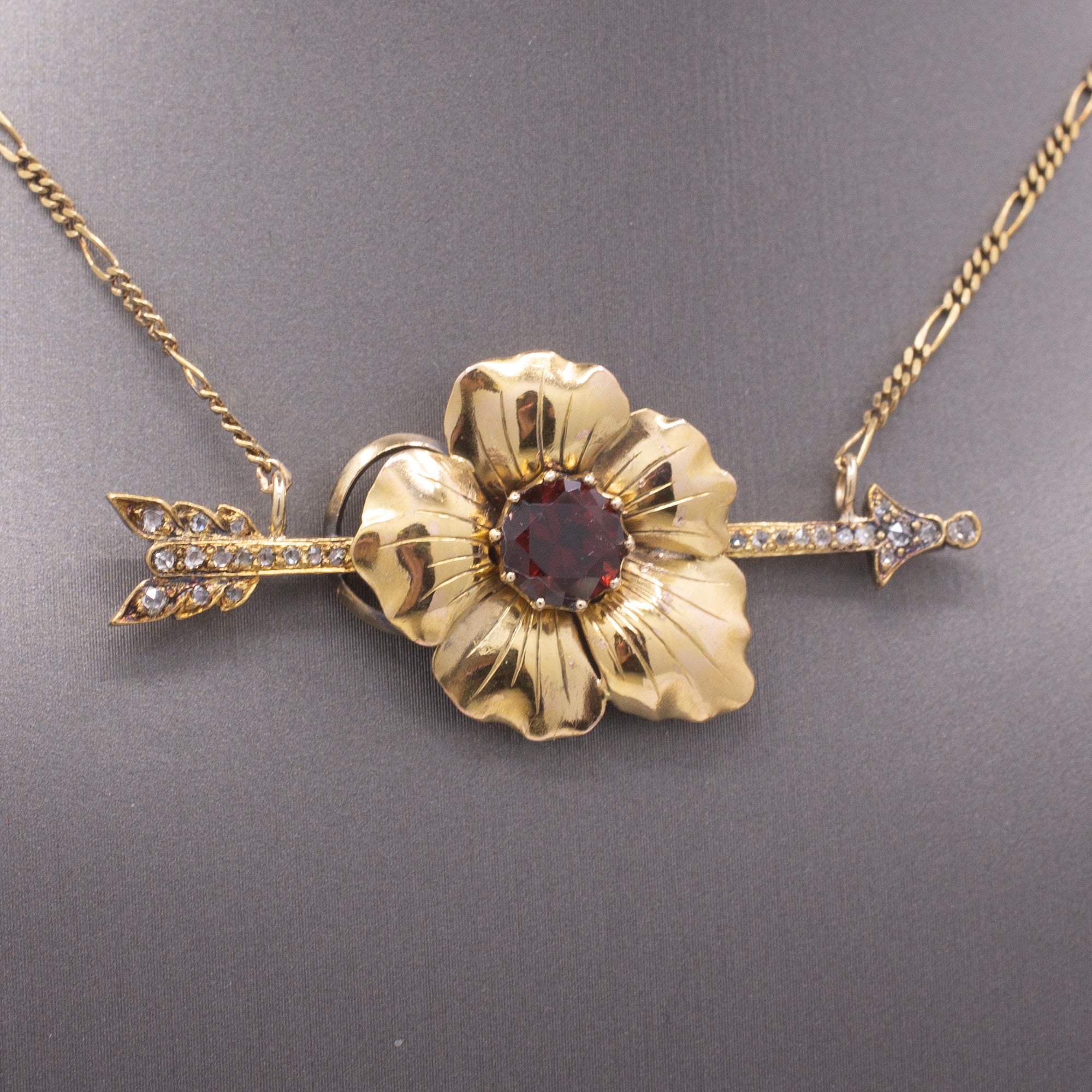 Romantic Antique Victorian Garnet & Diamond Arrow Flower Necklace in 14k Yellow Gold