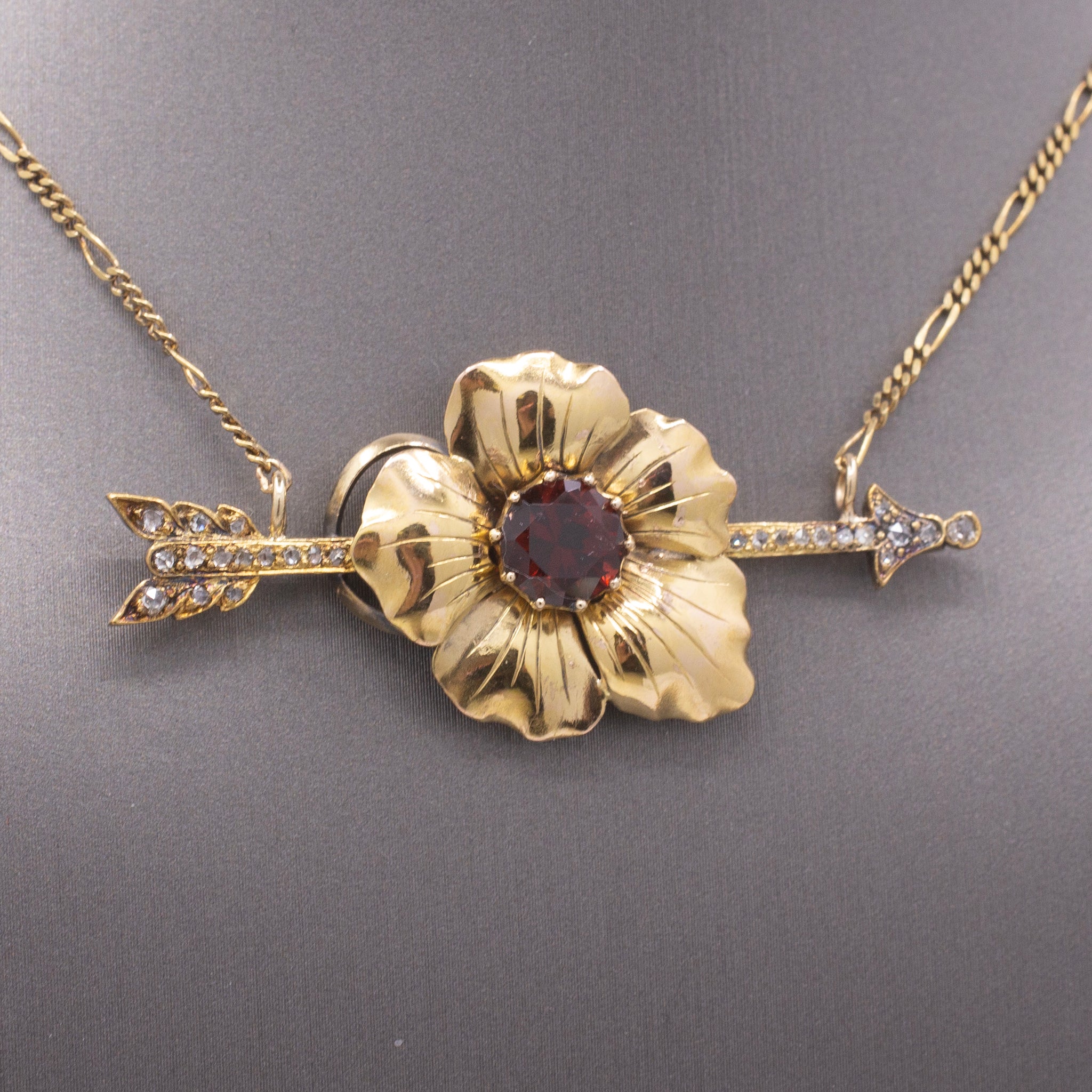 Romantic Antique Victorian Garnet & Diamond Arrow Flower Necklace in 14k Yellow Gold