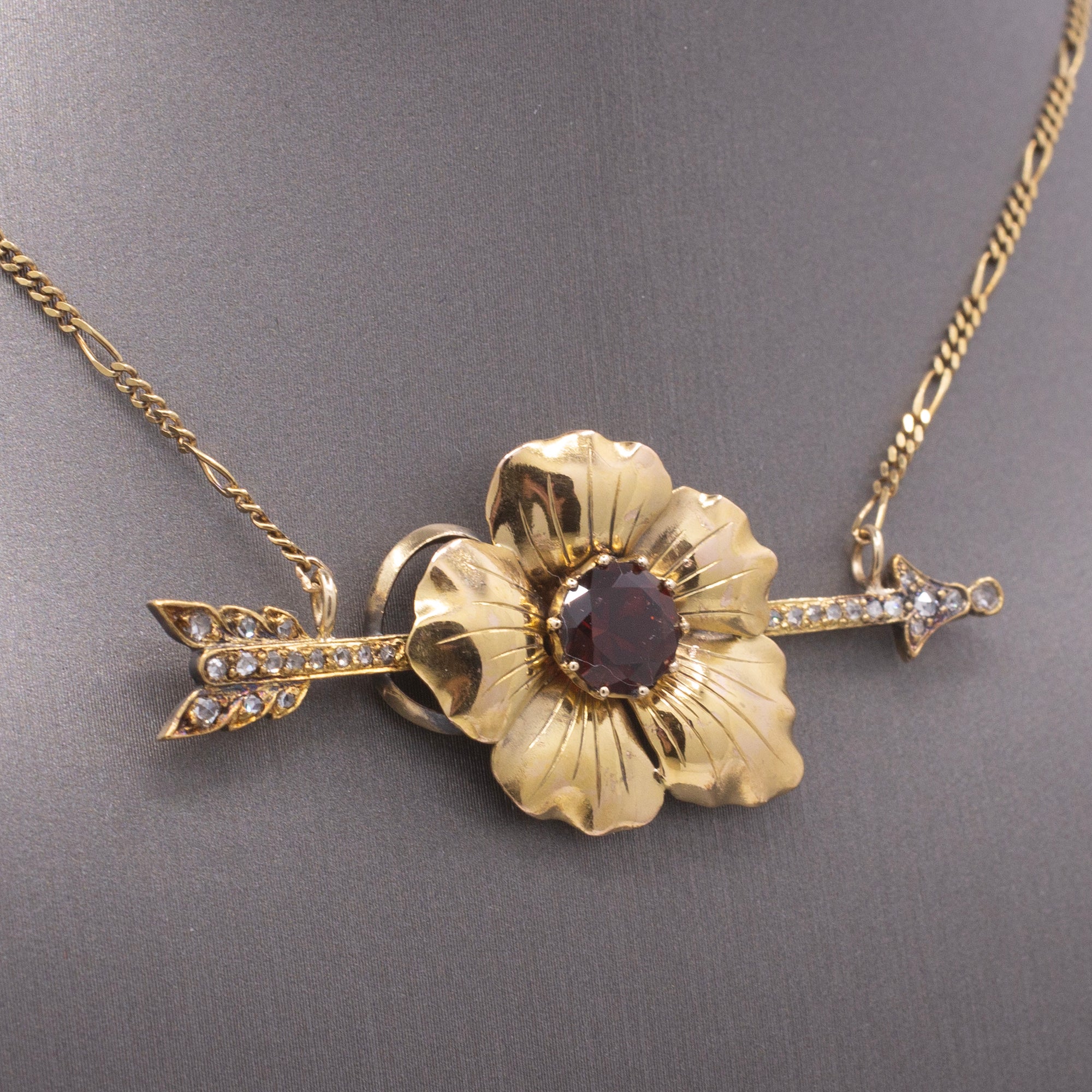 Romantic Antique Victorian Garnet & Diamond Arrow Flower Necklace in 14k Yellow Gold