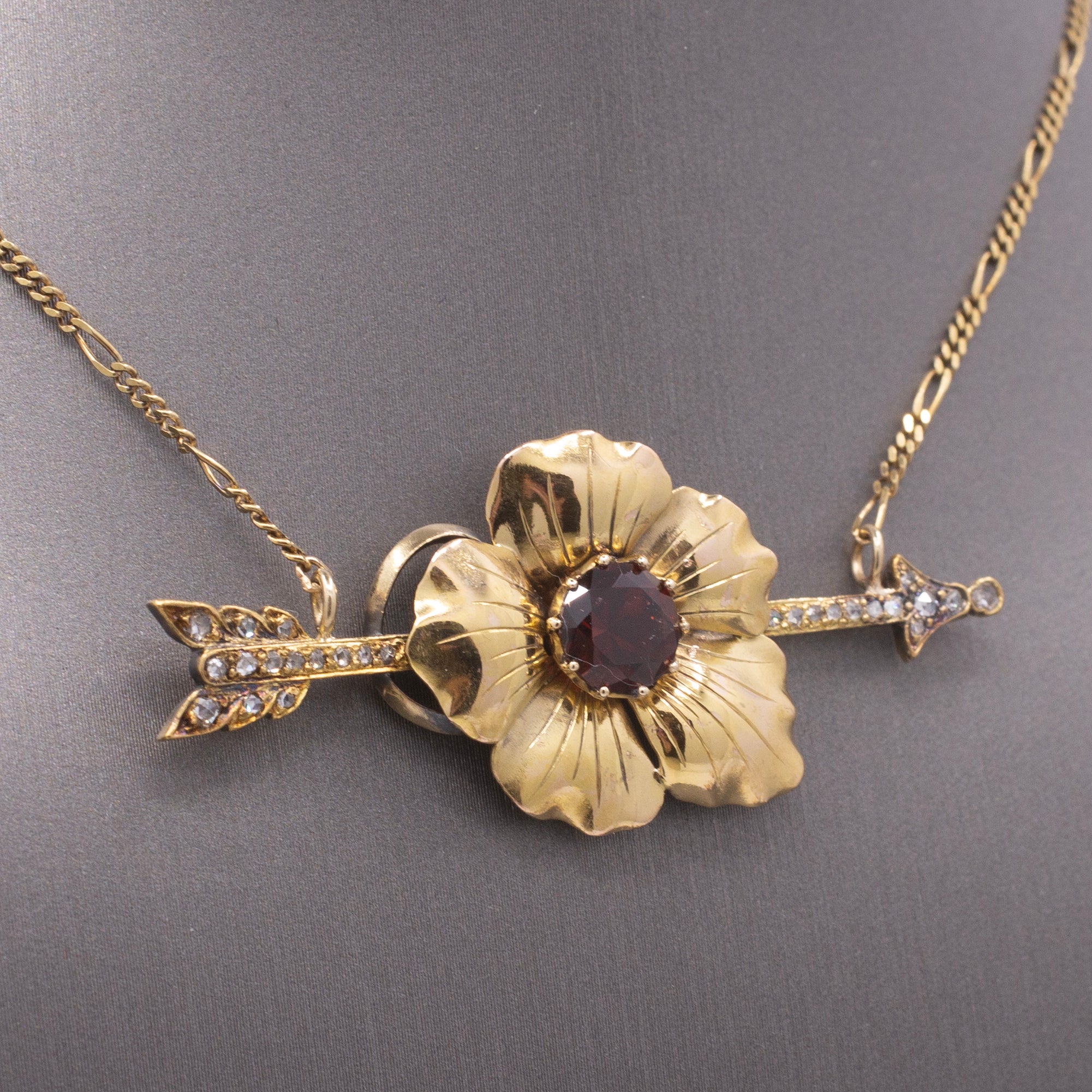 Romantic Antique Victorian Garnet & Diamond Arrow Flower Necklace in 14k Yellow Gold
