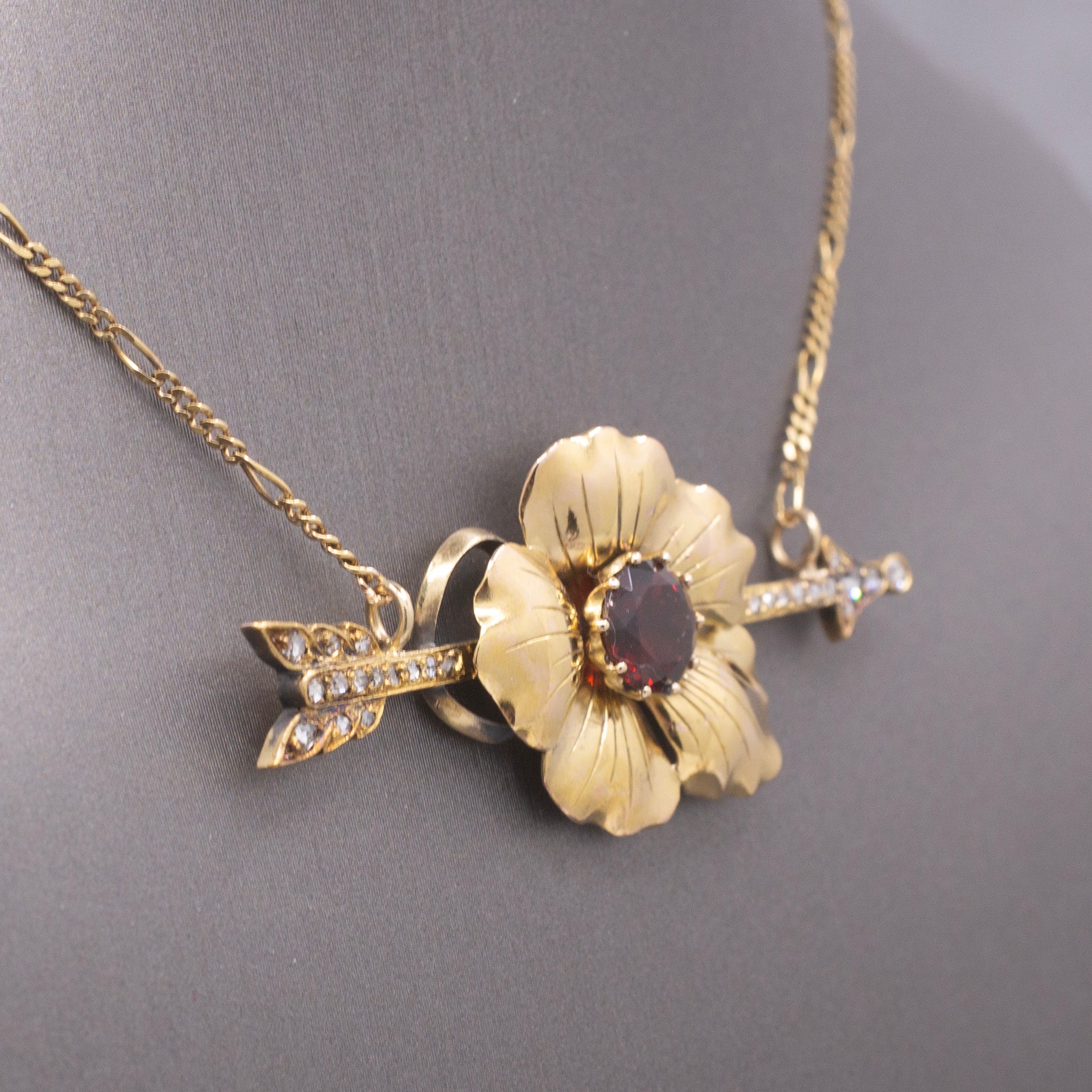 Romantic Antique Victorian Garnet & Diamond Arrow Flower Necklace in 14k Yellow Gold