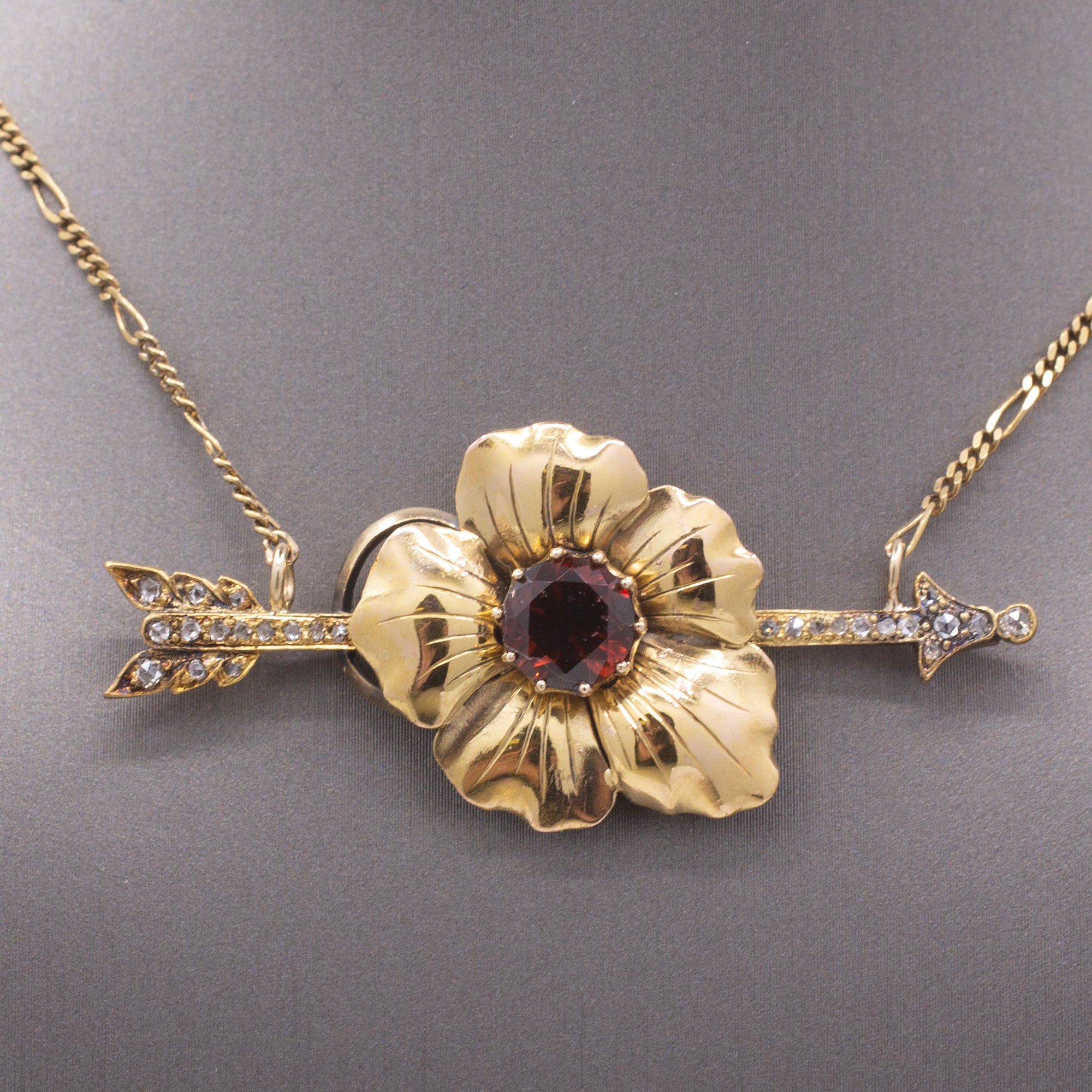 Romantic Antique Victorian Garnet & Diamond Arrow Flower Necklace in 14k Yellow Gold